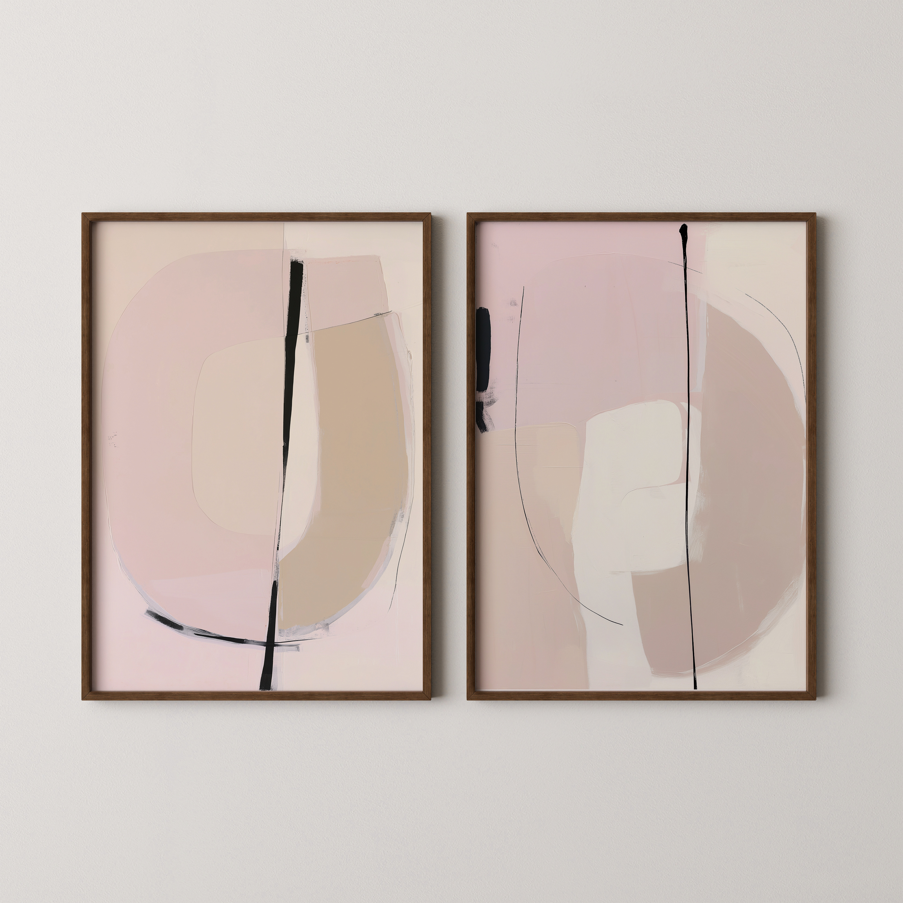 סט יצירות אמנות מופשטות Oriv בגווני ורוד מאובק ובז’ עם צורות אורגניות וקווים גרפיים במסגרת עץ טבעי