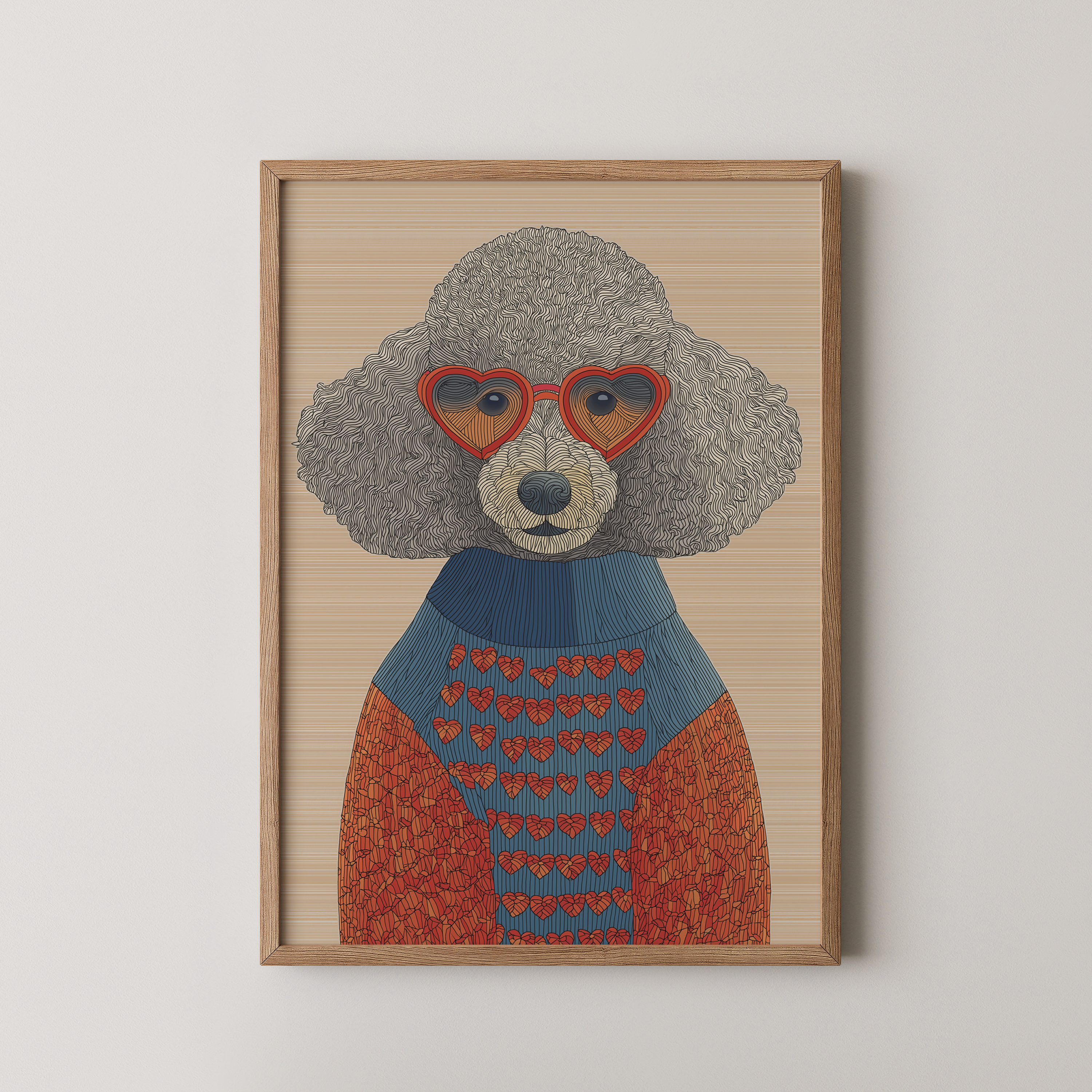 Coco איור פודל עם משקפי לב אדומים וסריג צבעוני בסגנון מודרני, ממוסגר בחלל מינימליסטי