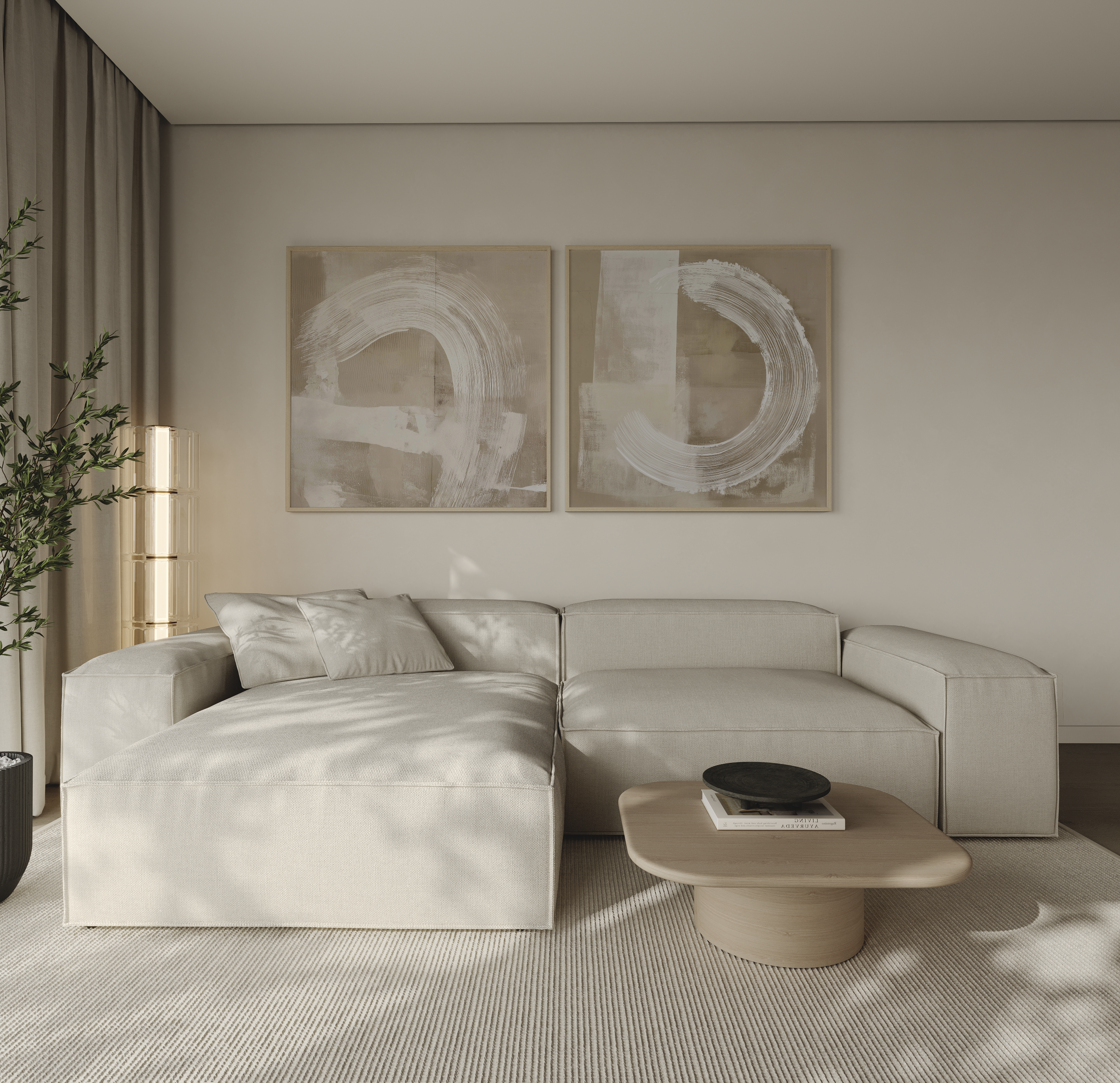 יצירה מופשטת בגווני בז׳ עם תנועות מכחול מעוגלות, בסגנון מינימליסטי ונורדי