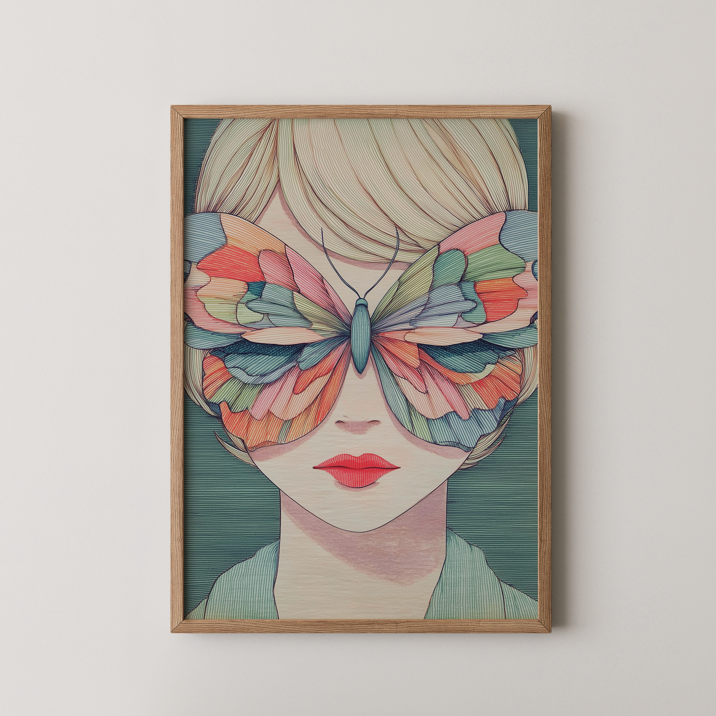 יצירת קיר Papill עם דמות נשית ופרפר צבעוני על הפנים בגוונים רכים