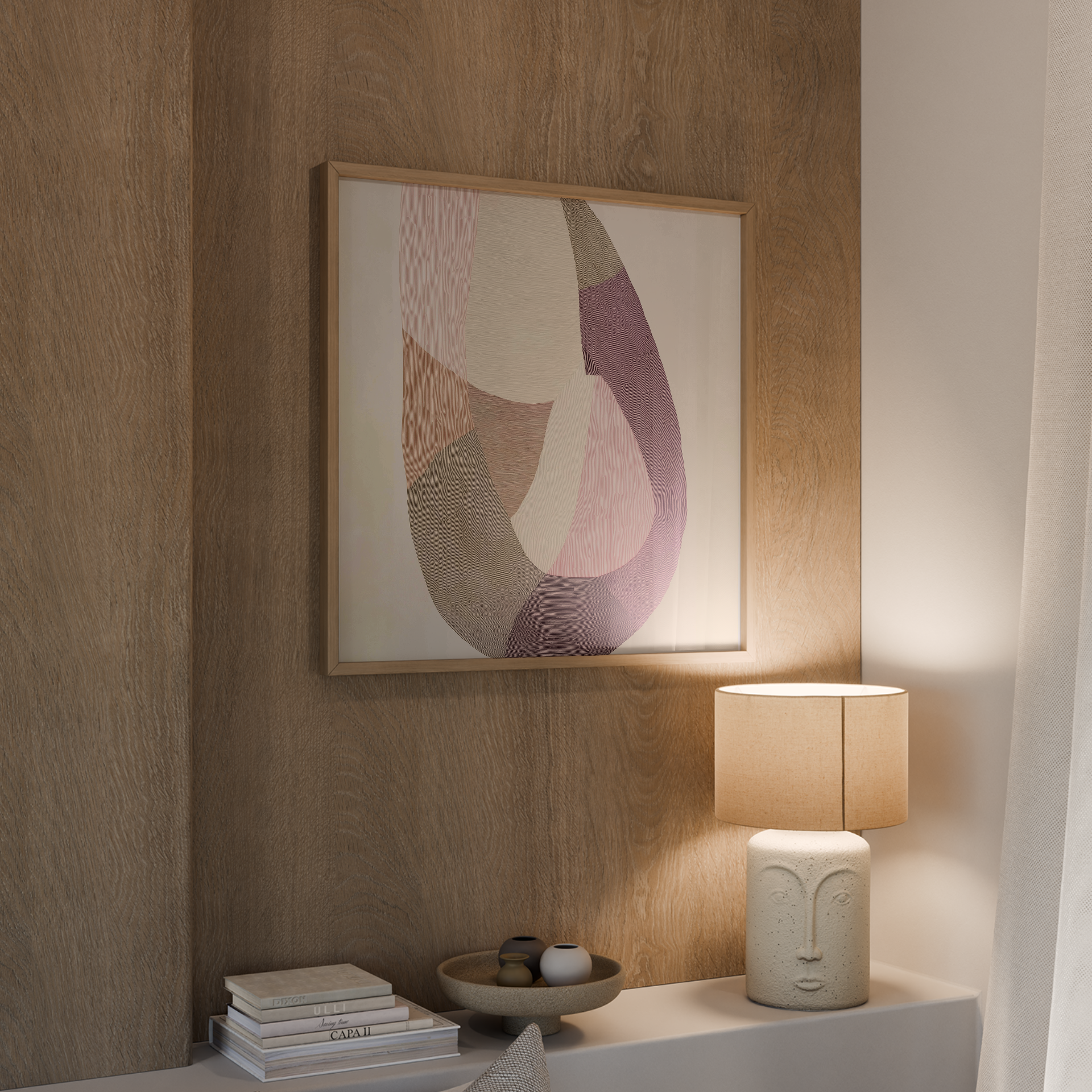 Petal Flow יצירת אמנות מינימליסטית בגווני ורוד וחול עם צורה מעגלית זורמת במסגרת עץ בהירה