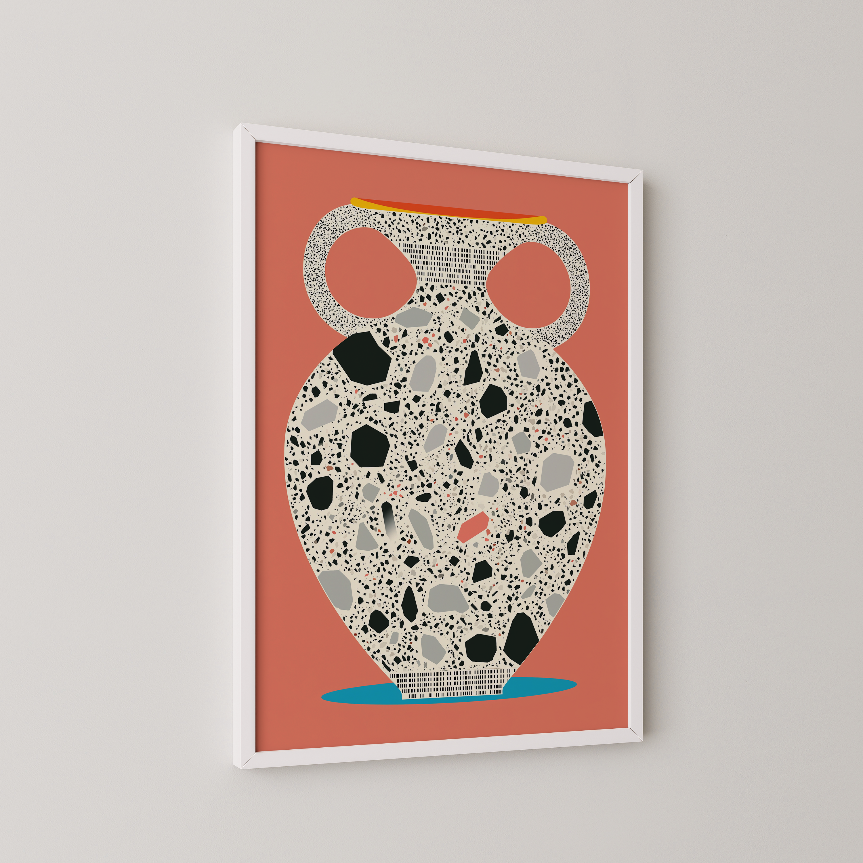 Larova – הדפס אמנותי של כלי חרס מאויר עם טקסטורת טרצו בעיצוב מודרני על רקע חמים