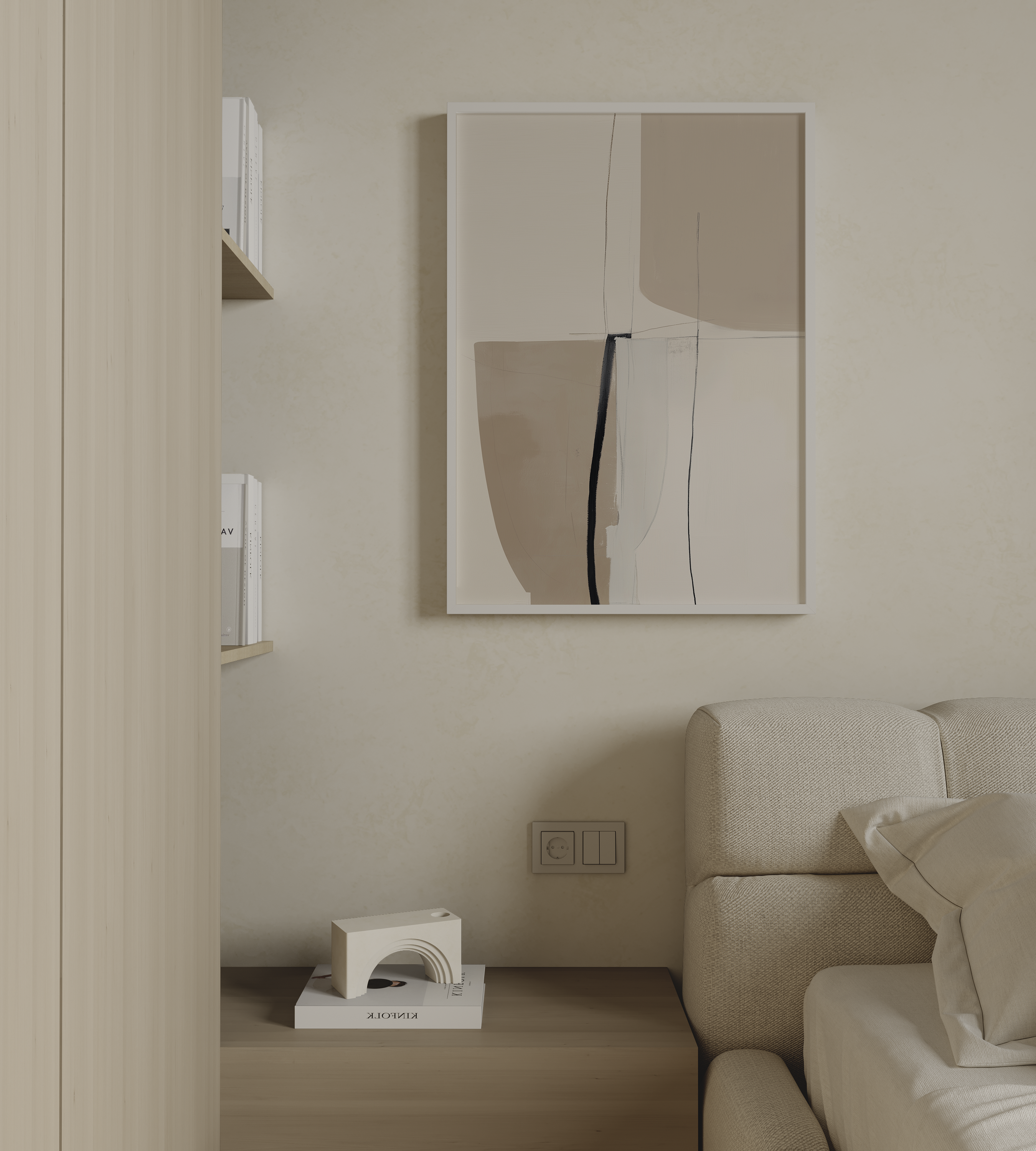 kalvi – יצירה מופשטת מינימליסטית בגווני בז' וחול עם קווים עדינים במסגרת עץ טבעי