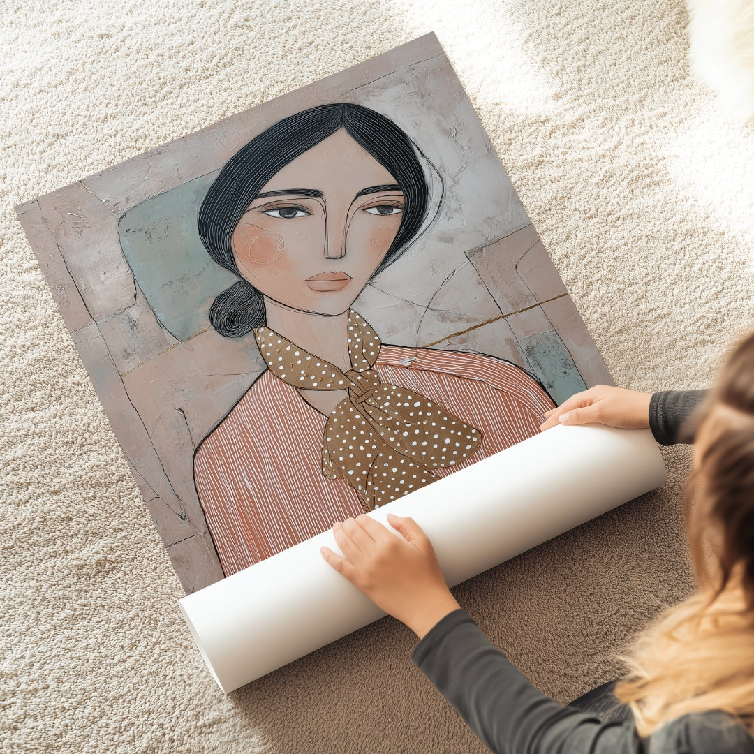 הדפס אמנותי של דמות נשית רגועה עם שיער כהה, צעיף מנוקד ופרטי קו עדינים, בגווני בז’, ורוד ואפור – דגם Mirell מבית Trausi+Tosh.