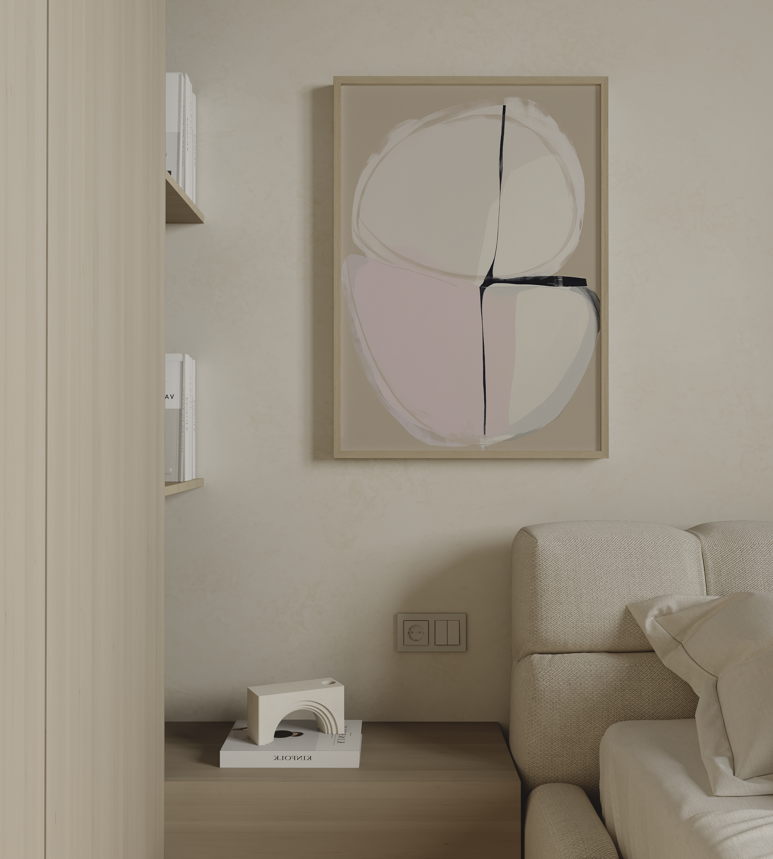 Tar יצירה מופשטת מינימליסטית בגווני חול, ורוד עדין ושחור במסגרת עץ בסגנון מודרני