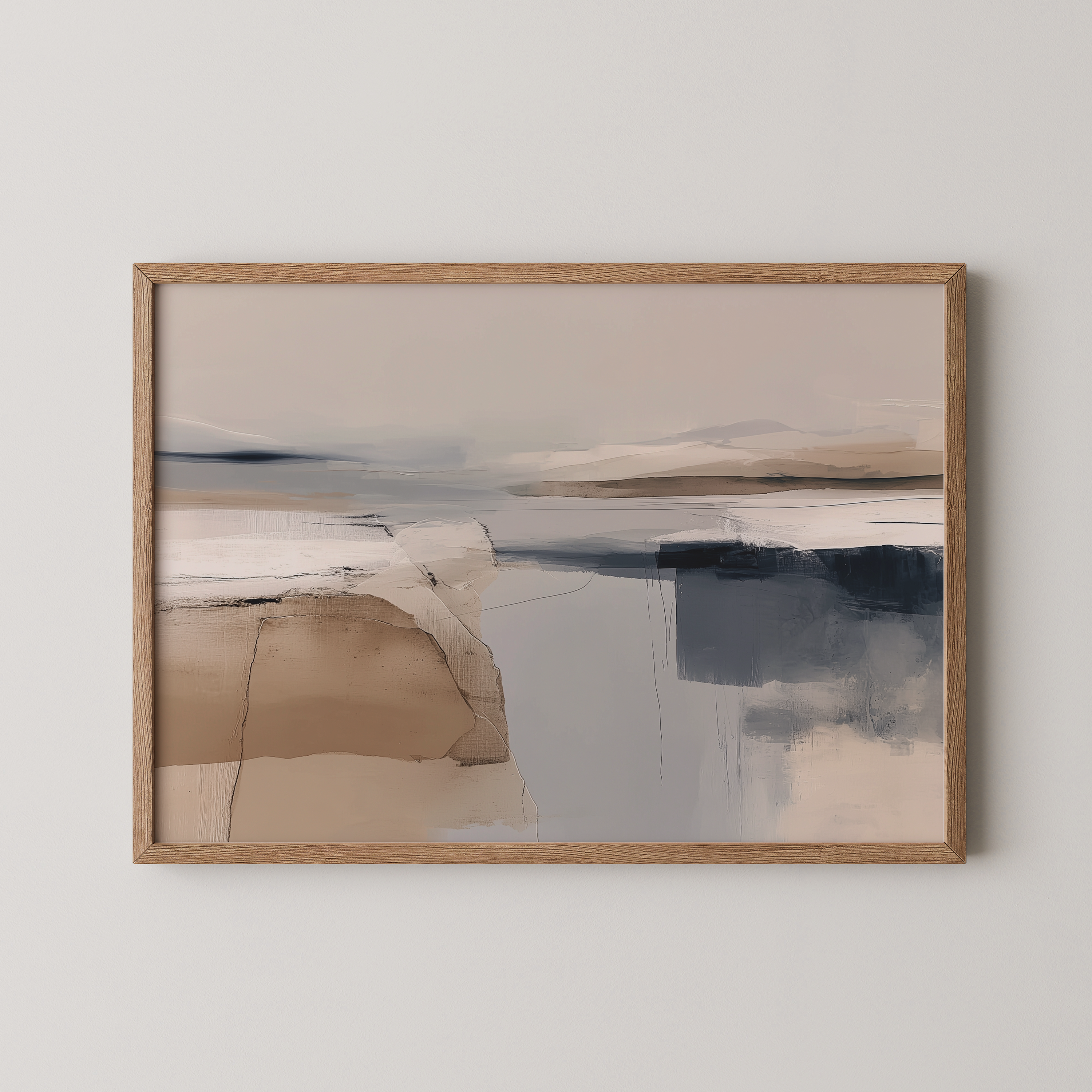 יצירת אמנות מופשטת בגווני חול וכחול במסגרת עץ Taviri