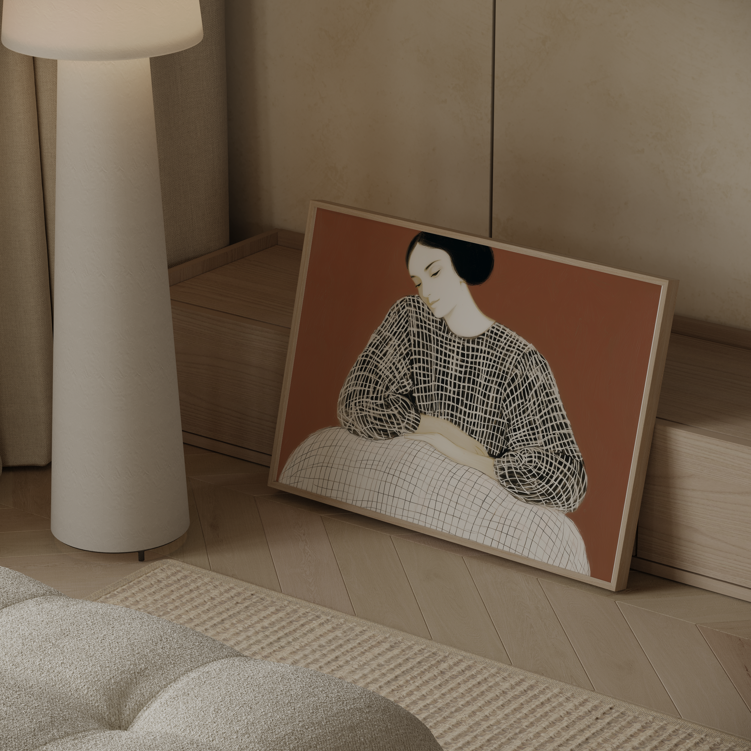 יצירת אמנות מינימליסטית בגווני אדמה עם דמות נשית בקווים עדינים – Vartine