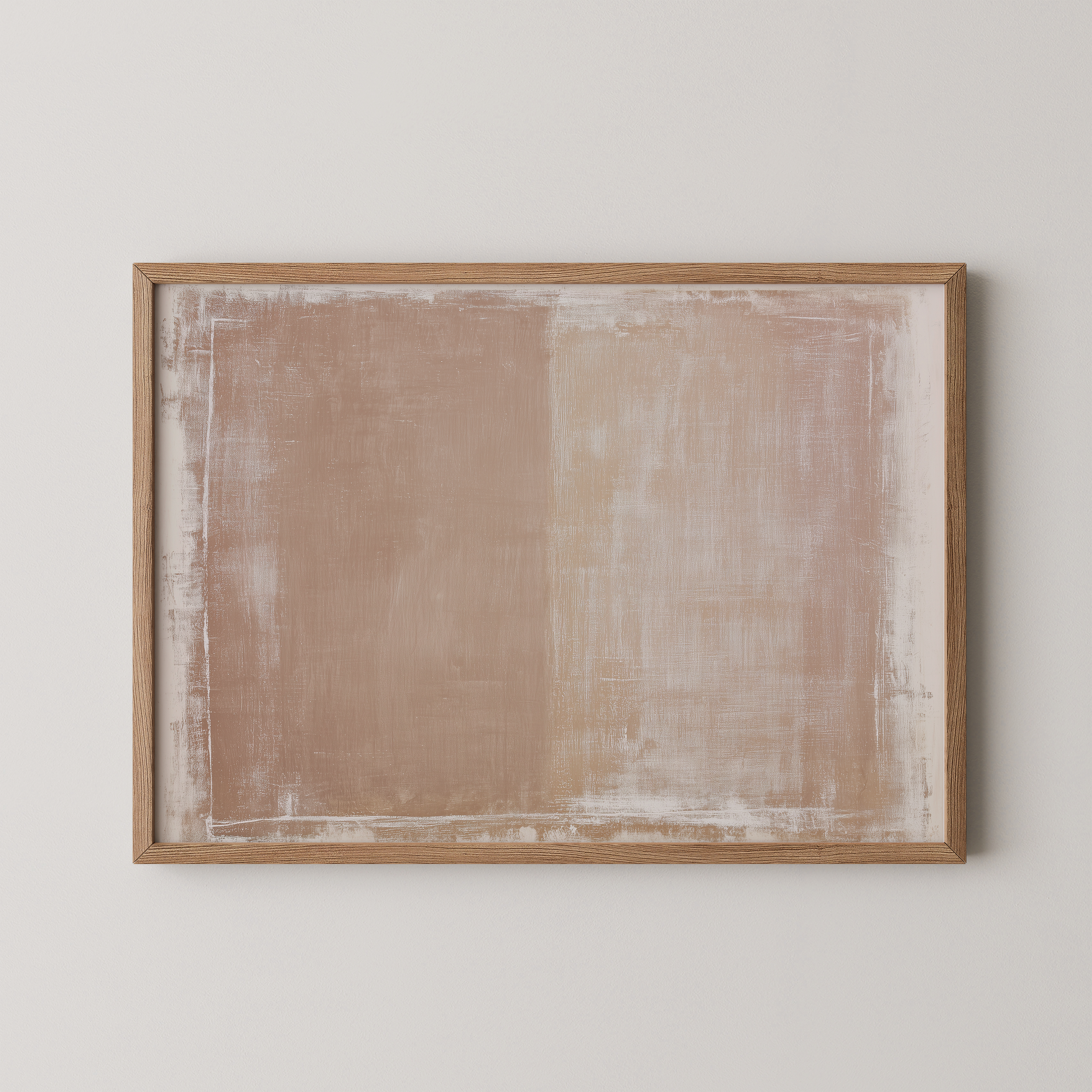 יצירת אמנות מינימליסטית בשני גווני בז’ עם טקסטורה עדינה במסגרת עץ בהירה