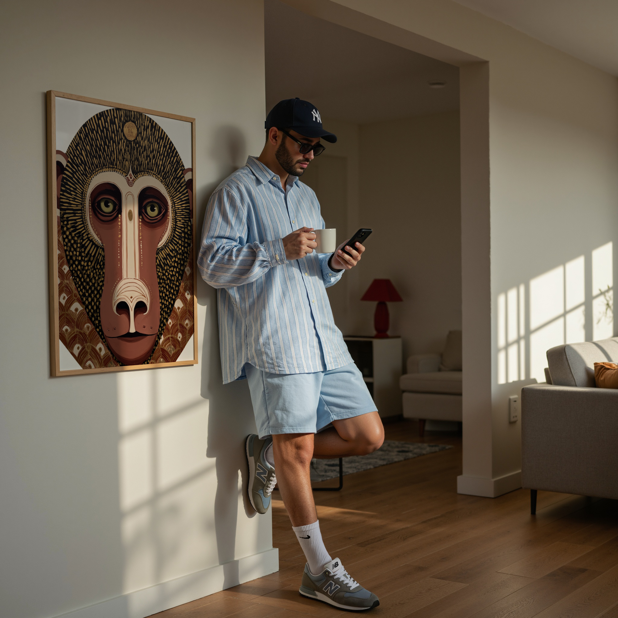 יצירת אמנות גרפית Totemiris בצבעוניות חמה ופרטים סימטריים, במסגרת עץ טבעית