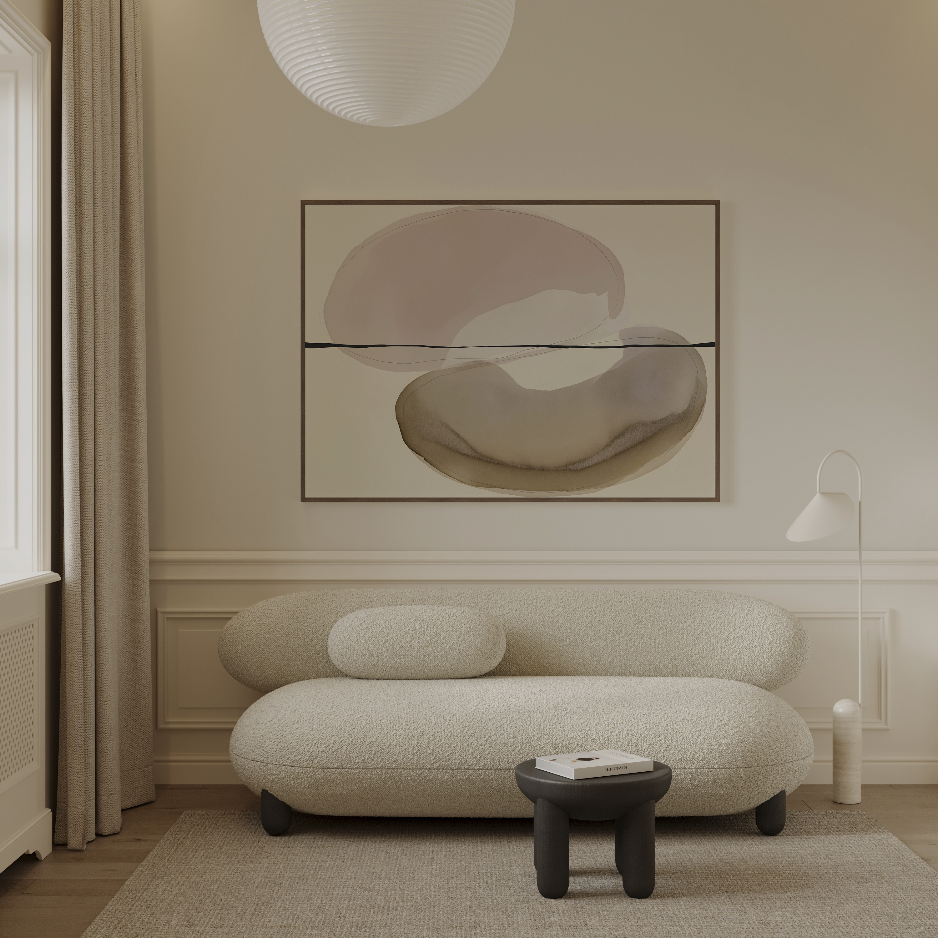 יצירת אמנות מופשטת Arcelle בגווני חול וטרקוטה עם צורות אורגניות וקו אופקי עדין במסגרת עץ טבעי