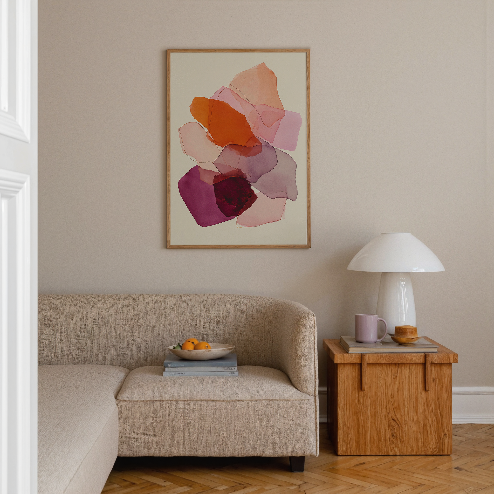 יצירה מופשטת בגווני ורוד, בורדו וטרקוטה בשכבות שקופות, הדפס אמנותי בסגנון מינימליסטי לחדר שינה או סלון