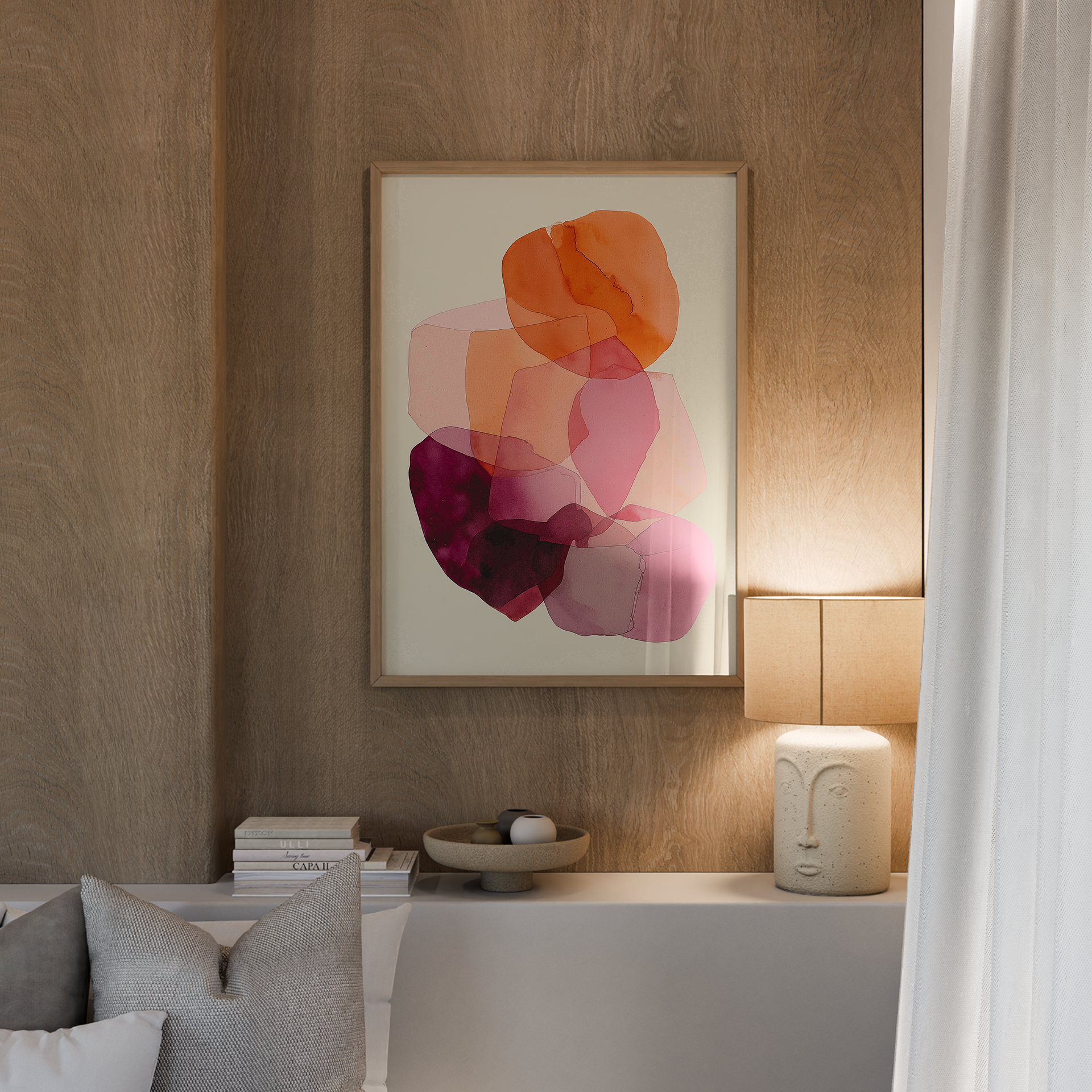 הדפס אמנותי מופשט בשם Solune עם שכבות צבע ורוד, בורדו וכתום על רקע בהיר, בעיצוב רך ומינימליסטי
