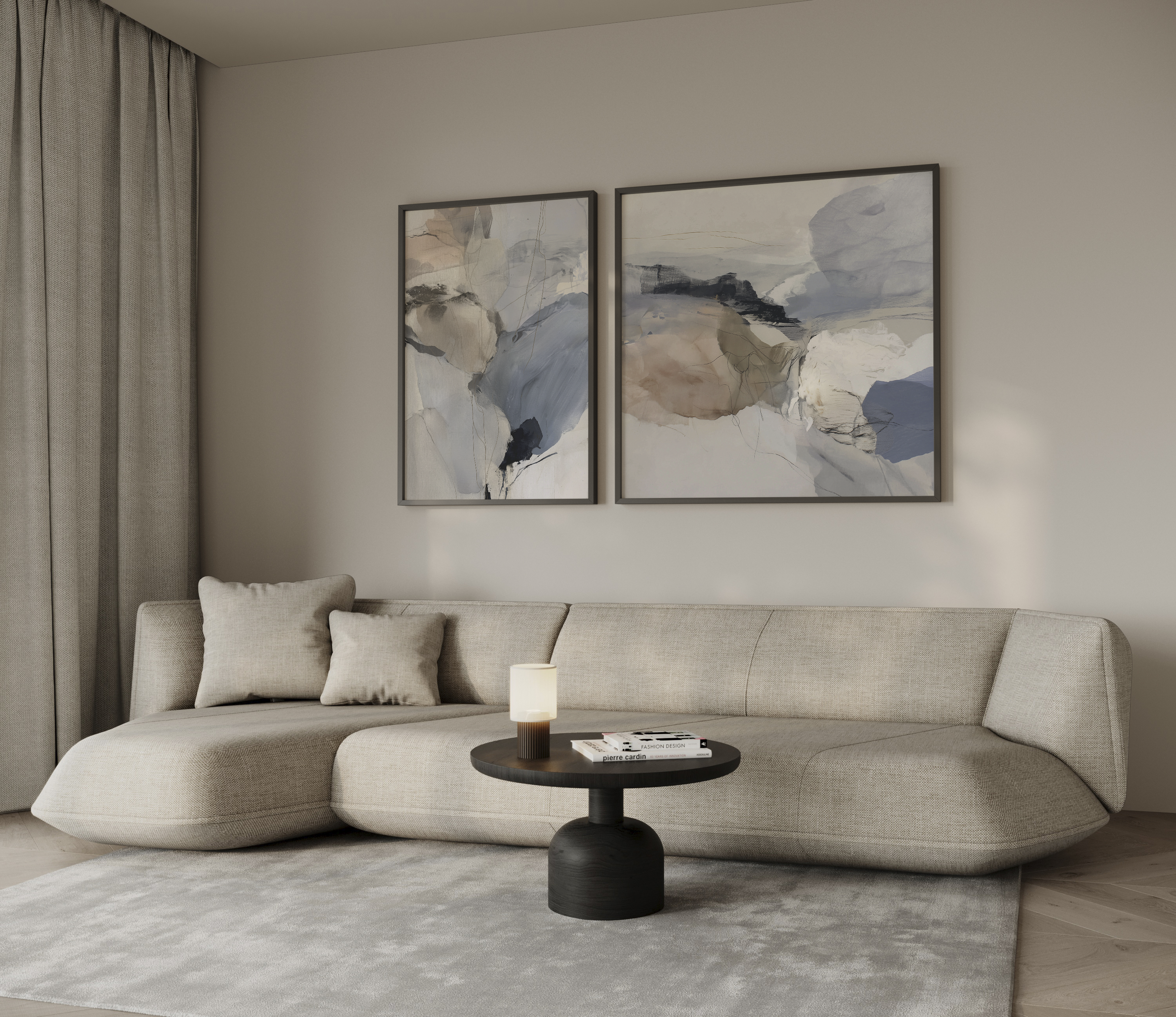 סט אמנות ממוסגרת בשם Lysaro – יצירה מופשטת בגווני כחול, חול וחום טבעי, תלויה בסלון מודרני.