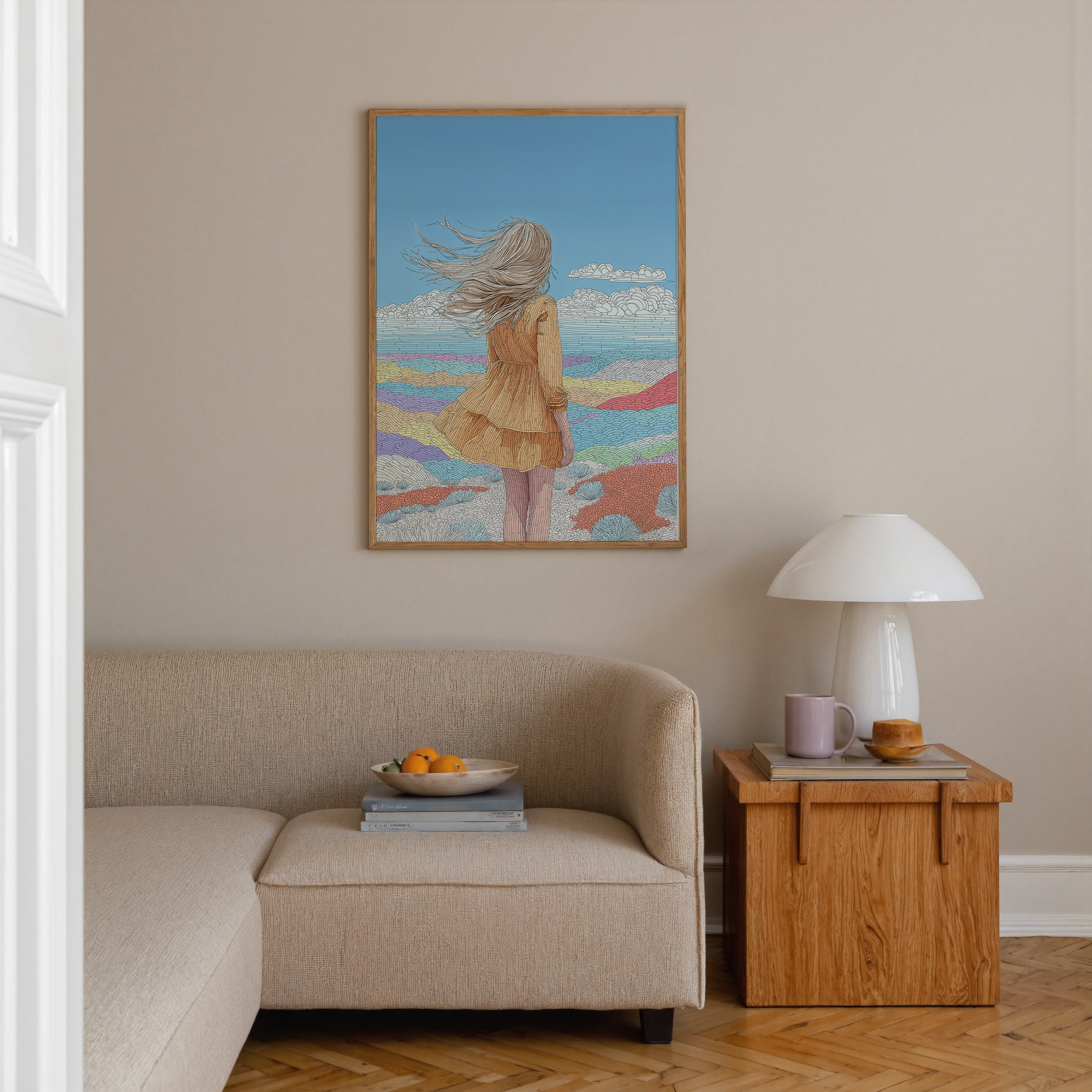 יצירה מינימליסטית של דמות נשית מול נוף פתוח בצבעי פסטל, קווים אורגניים ורוח בתנועה, במסגרת עץ טבעי בסלון מודרני