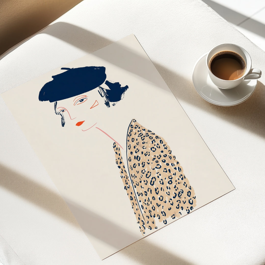 הדפס אמנותי של דמות נשית אלגנטית עם כובע ברט כחול וז'קט מנומר, בקו מינימליסטי וסטייל פריזאי – דגם Solenne מבית Trausi+Tosh.