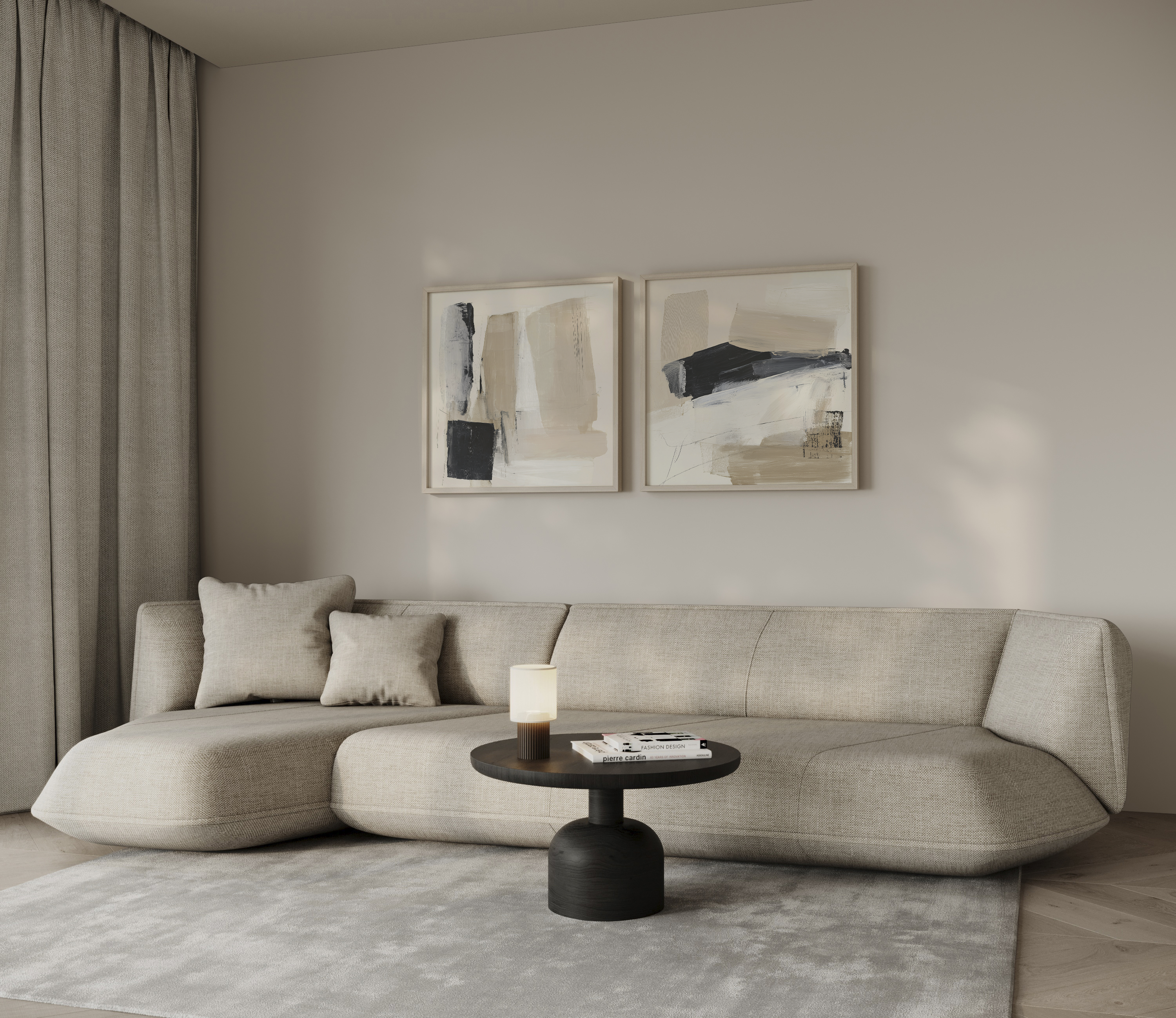 Varlene Left – יצירה מופשטת בגווני בז', שחור ולבן עם מרקמים גולמיים ומשיכות צבע רחבות בסגנון מינימליסטי