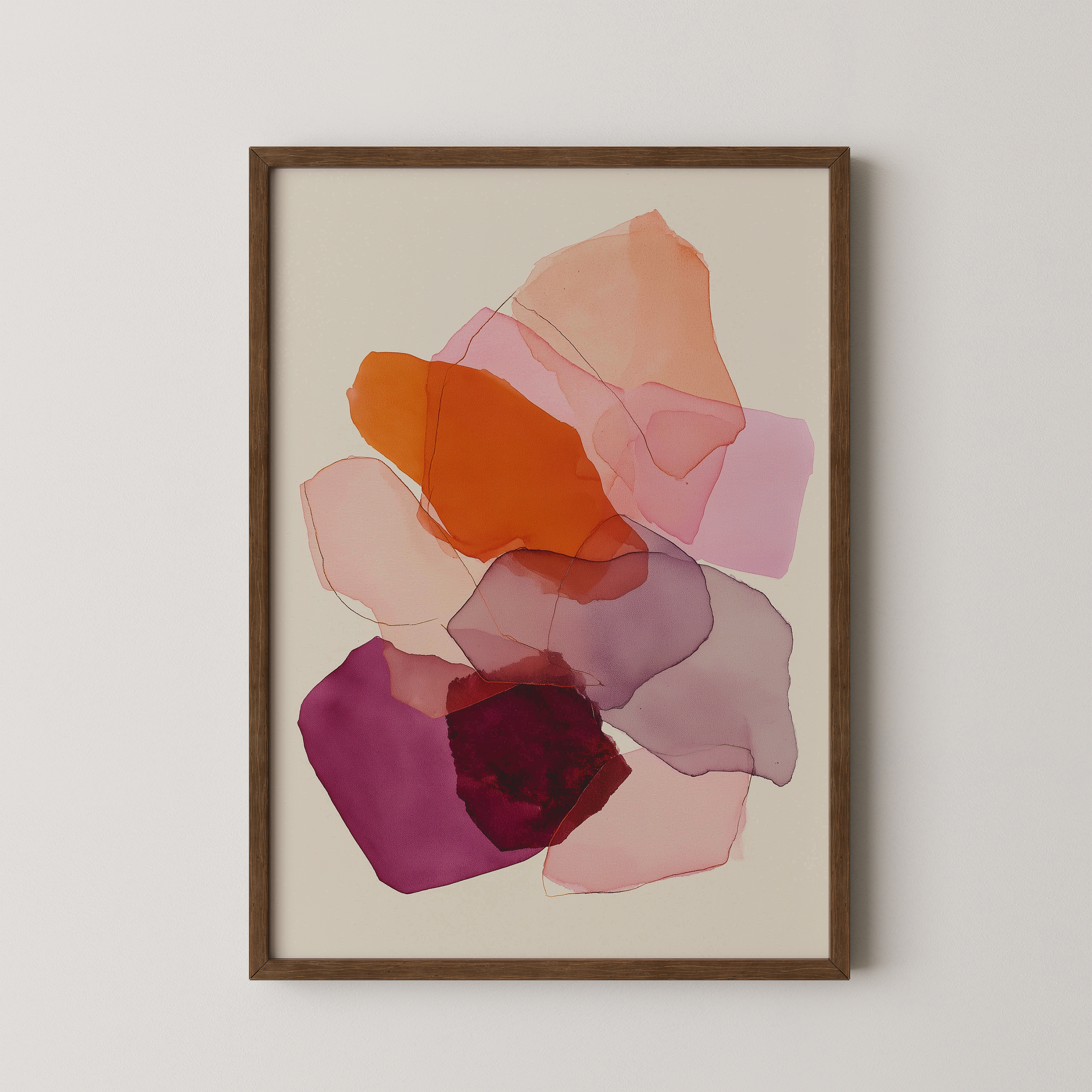 יצירה מופשטת בגווני ורוד, בורדו וטרקוטה בשכבות שקופות, הדפס אמנותי בסגנון מינימליסטי לחדר שינה או סלון