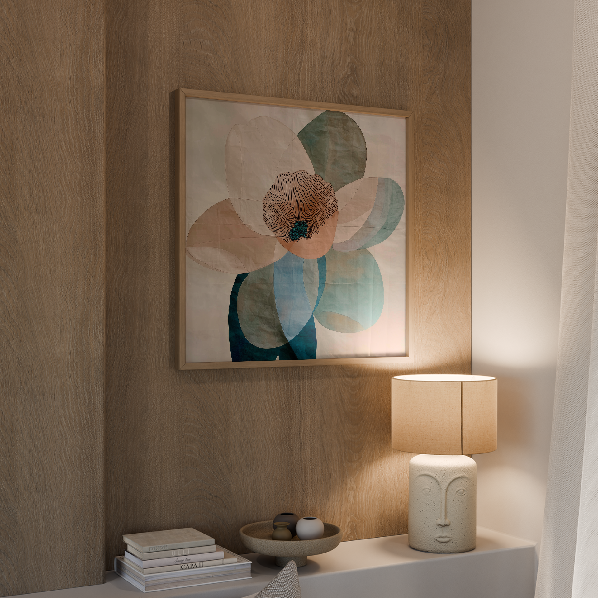 איור מודרני של פרח מופשט בגוונים טבעיים – כחול, ירוק, בז’ ואוקר – במסגרת עץ טבעי