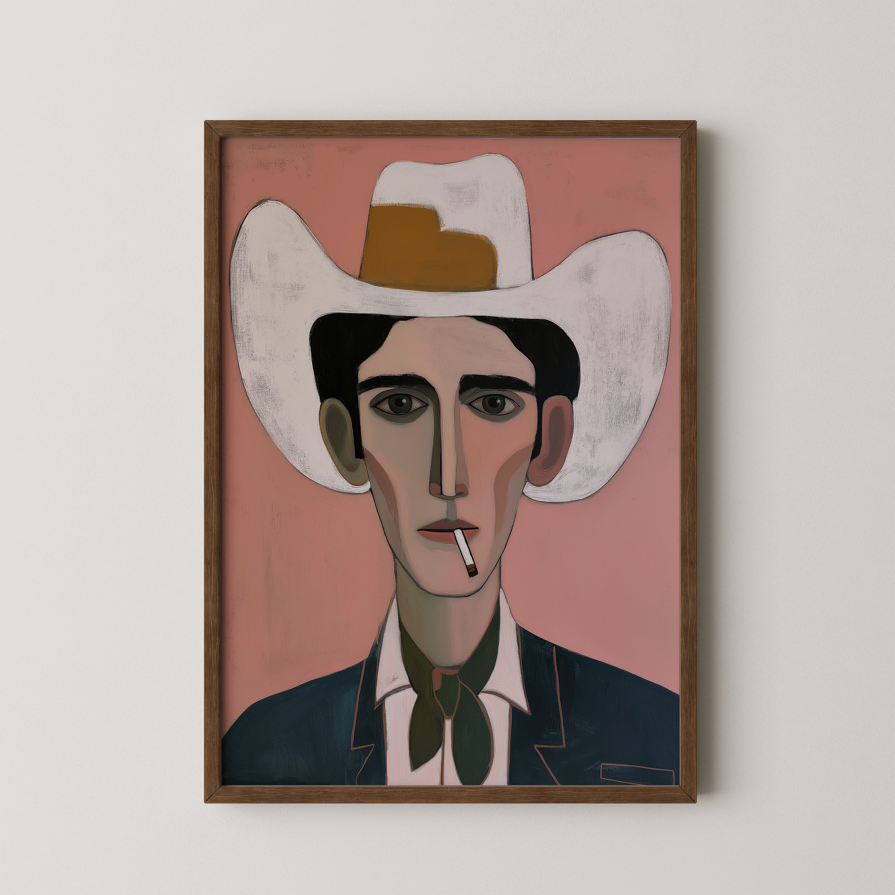 יצירה אמנותית עם דמות גברית מאוירת, כובע רחב, צבעי ורוד וירוק, סגנון מודרני מינימליסטי