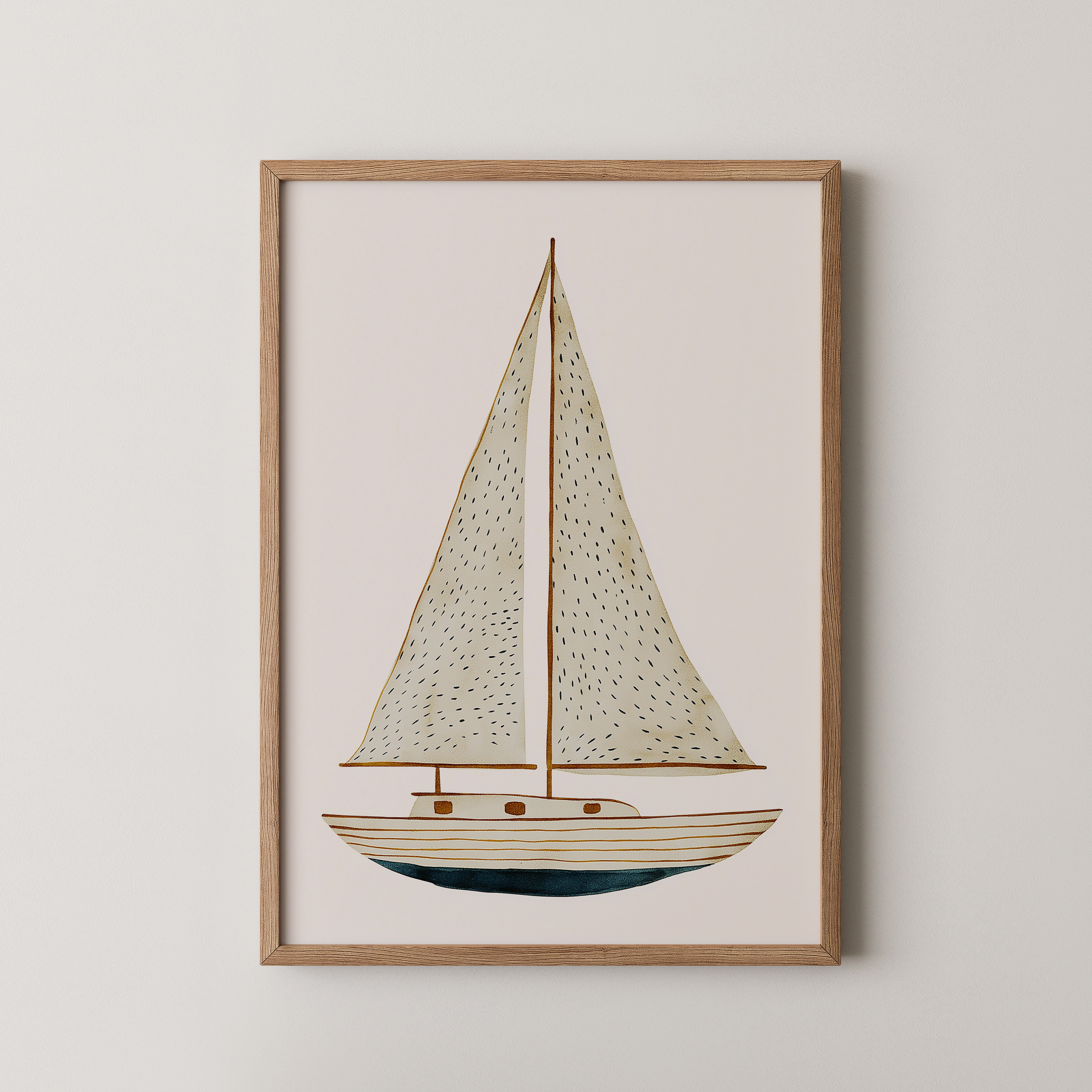 איור מינימליסטי של סירת מפרש בגווני שמנת וכחול בסגנון נורדי על רקע בהיר