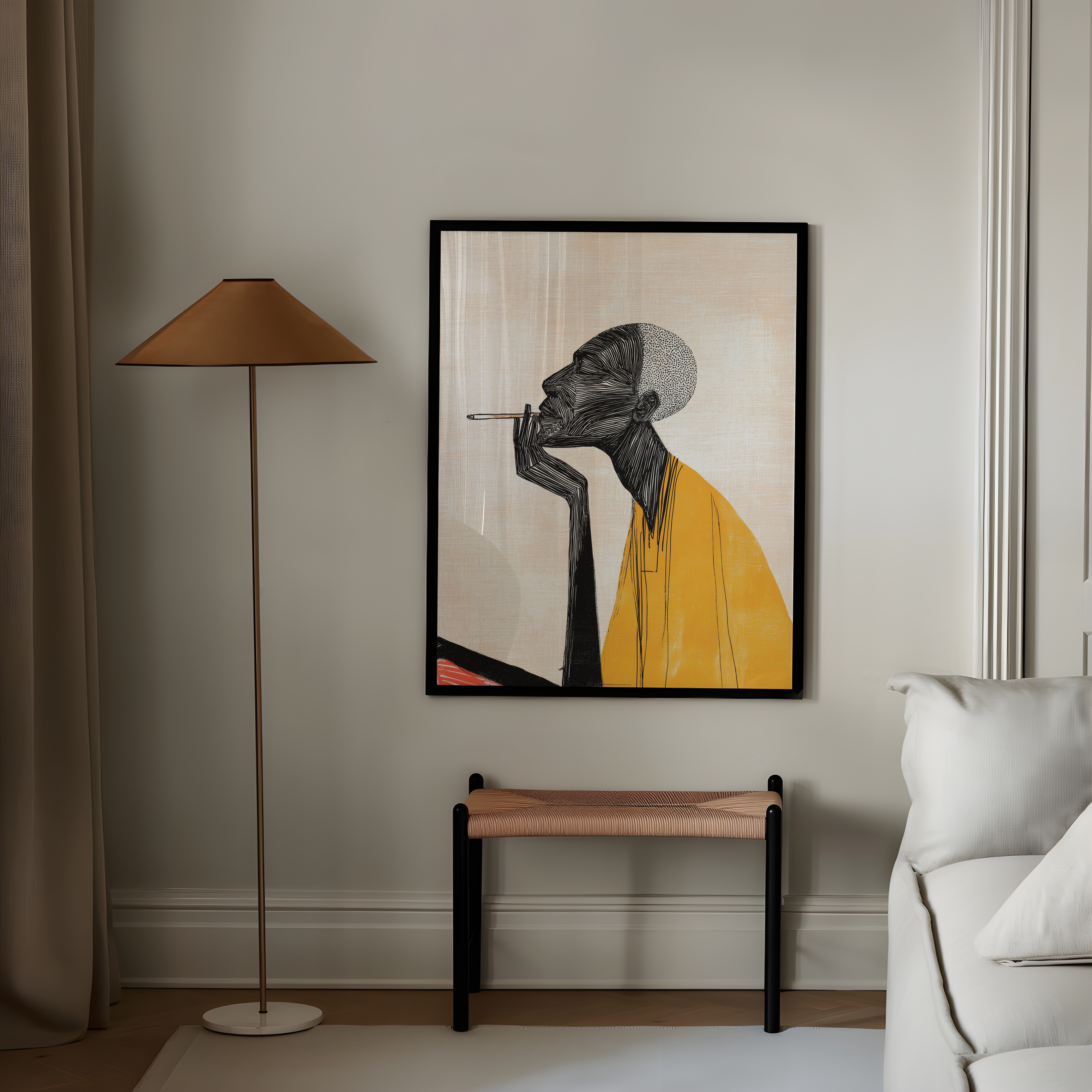 יצירה ממוסגרת עם דמות גברית מאוירת בקווים שחורים ושכבות צבע חמות, בסגנון מודרני מינימליסטי, מאת Trausi+Tosh