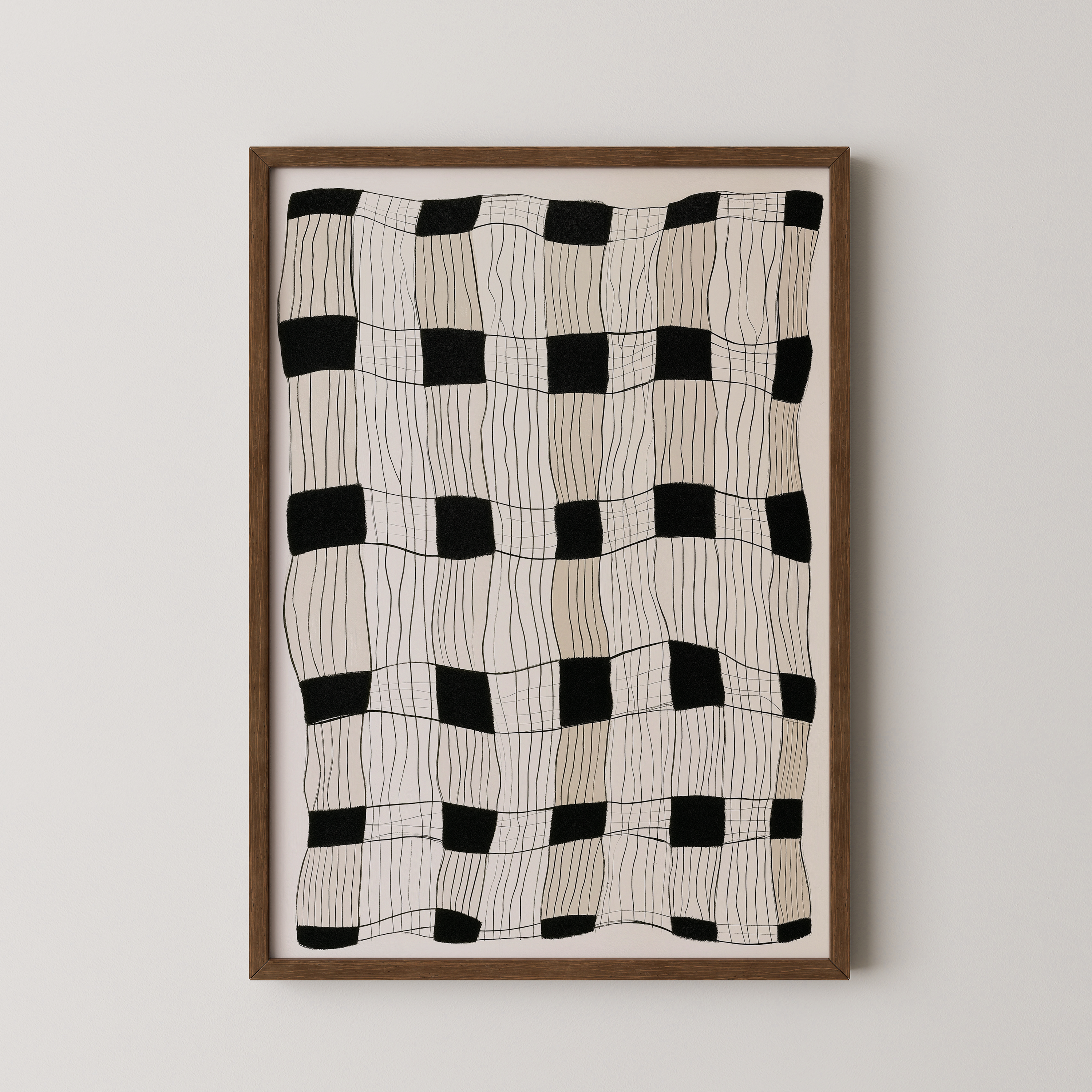הדפס אמנותי מופשט עם קווים שחורים דקים ותבנית רשת בגוונים בהירים, ממוסגר בעץ, בסגנון מינימליסטי טבעי