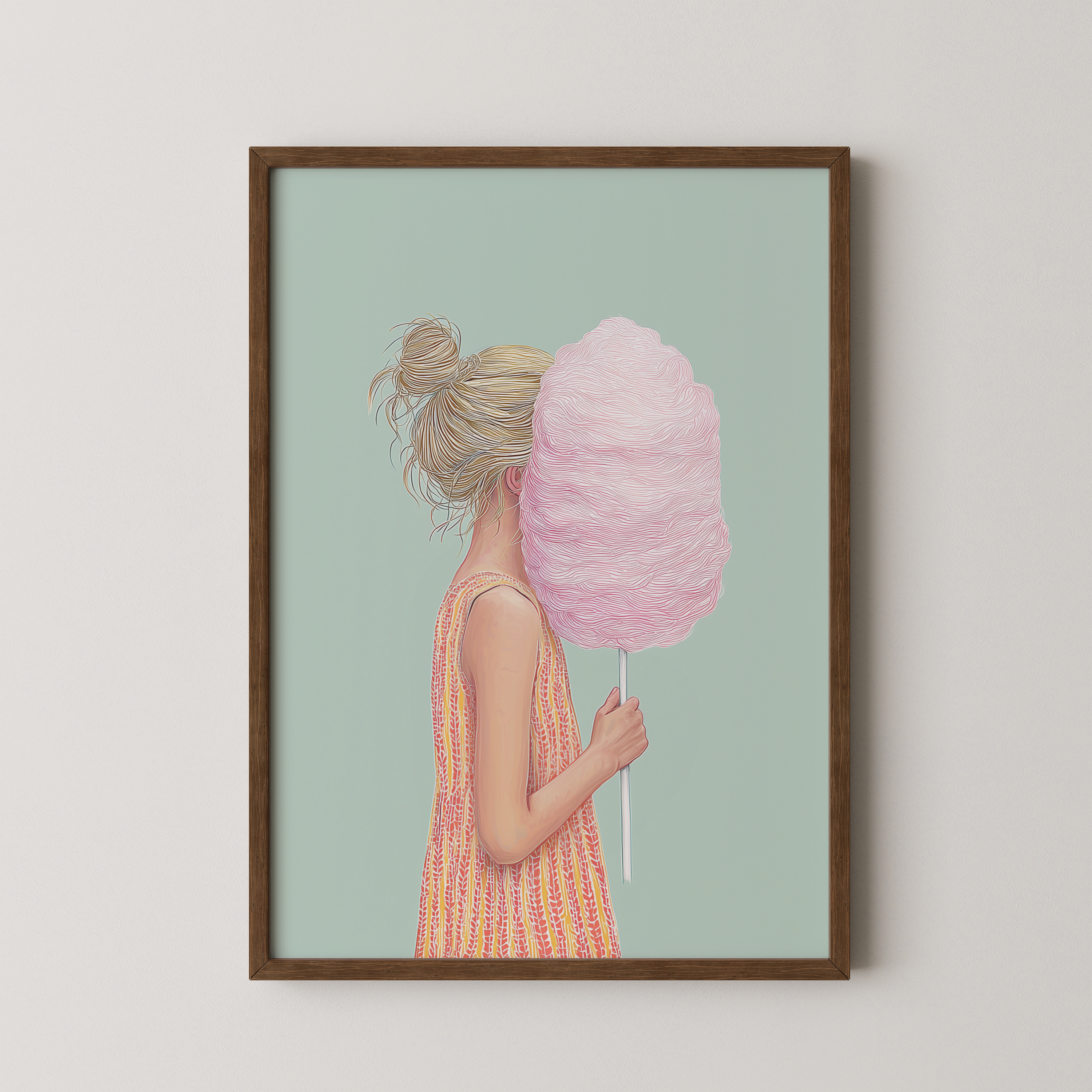 יצירת אמנות Candise – ילדה עם צמר גפן מתוק בצבע ורוד על רקע ירקרק, סגנון מודרני רך.