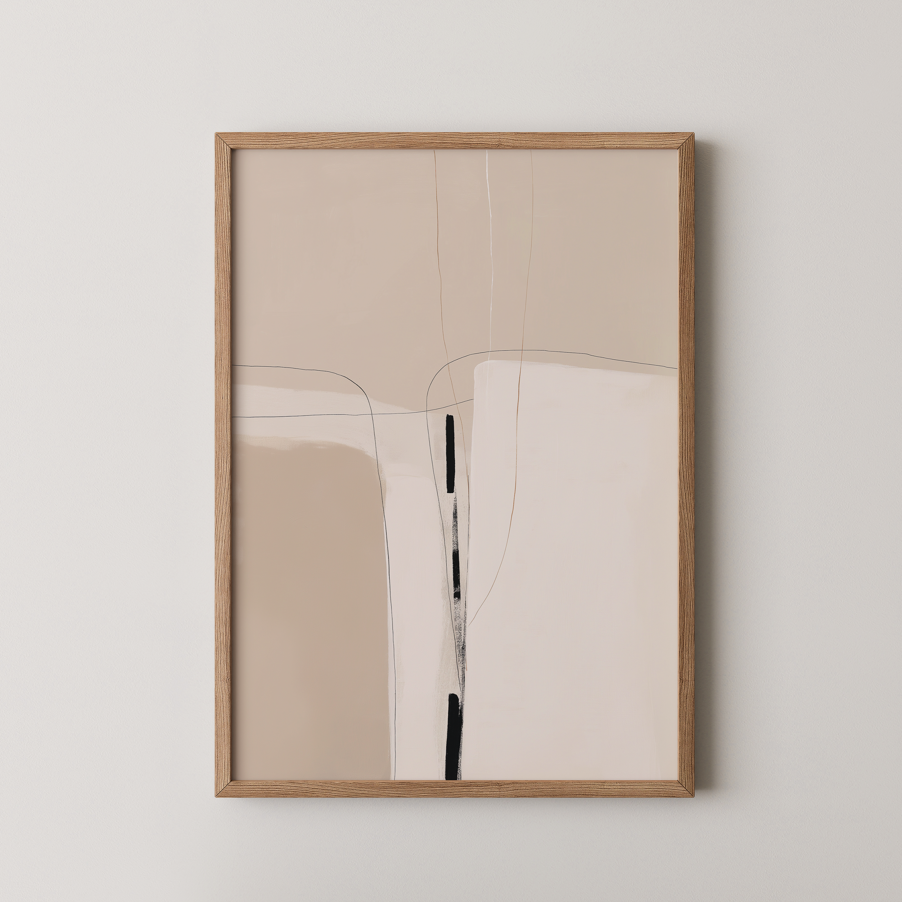 יצירת אמנות אבסטרקטית מינימליסטית בגוונים טבעיים עם קווים עדינים במסגרת עץ