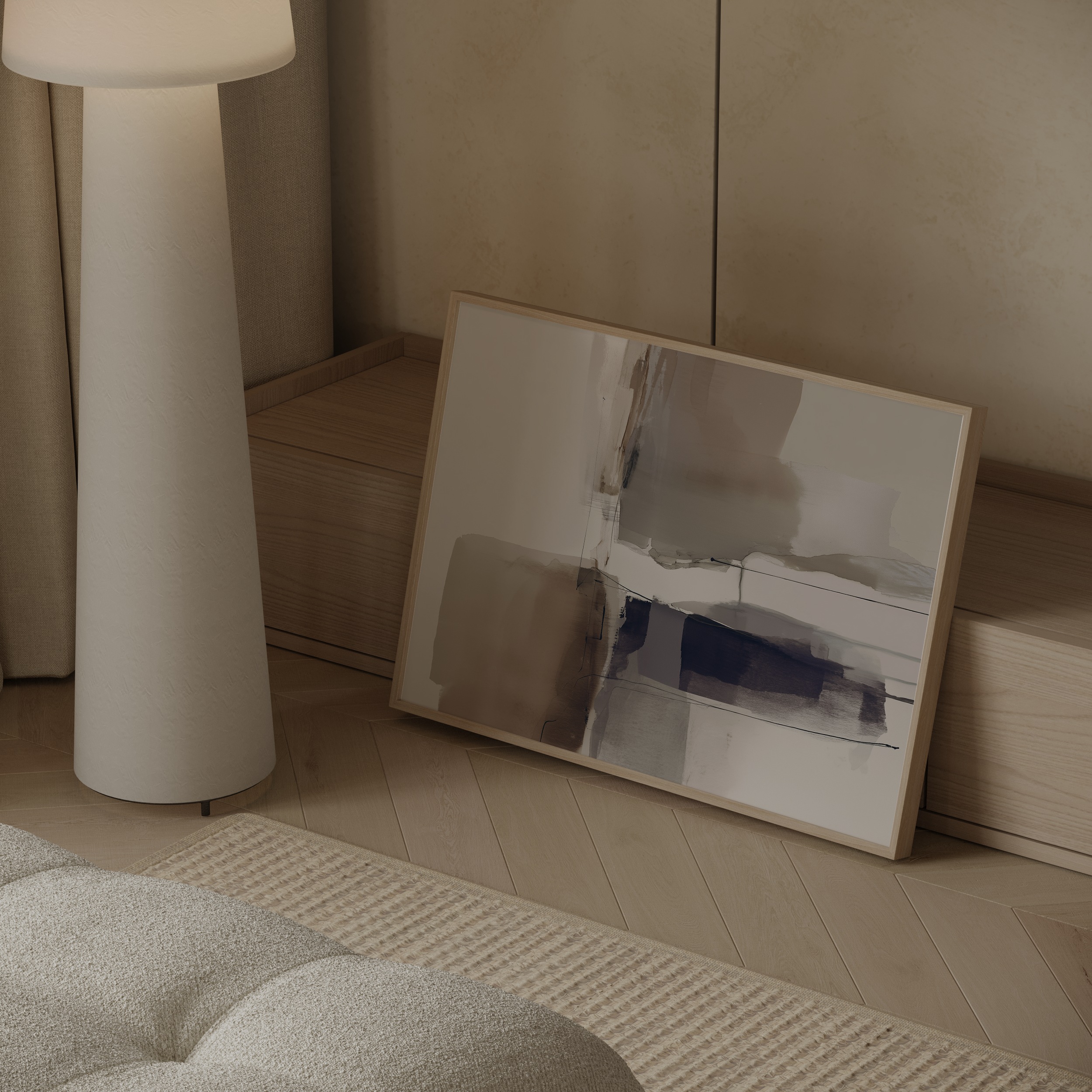 יצירה מופשטת במסגרת עץ טבעי בגווני חום, סגול ואבן – Talune מקולקציית טראוזי וטוש.