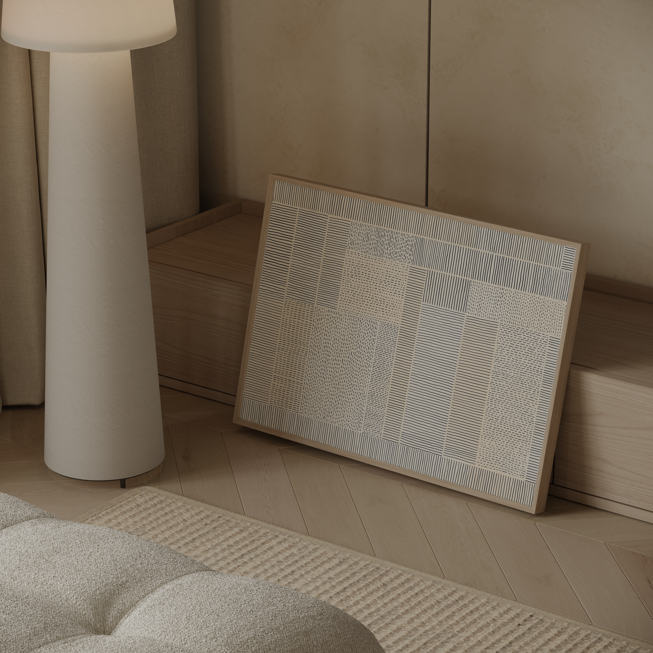 הדפס אמנות מינימליסטי בשם Lunvian עם קווים וטקסטורות עדינות בגווני בז’ ואפור במסגרת עץ טבעי.