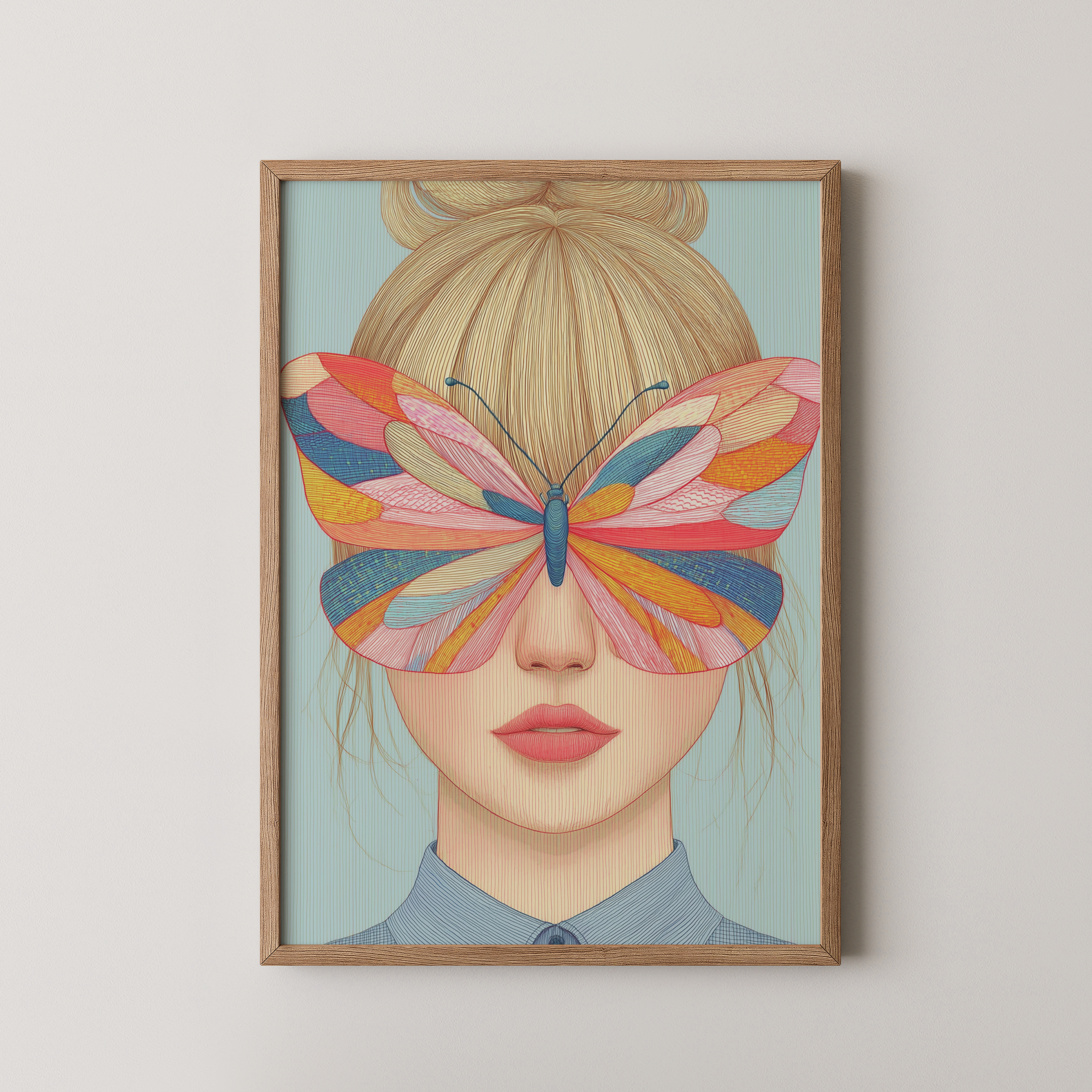 יצירת קיר Caly עם דמות נשית ופרפר צבעוני בגוונים רכים של ורוד תכלת וכתום