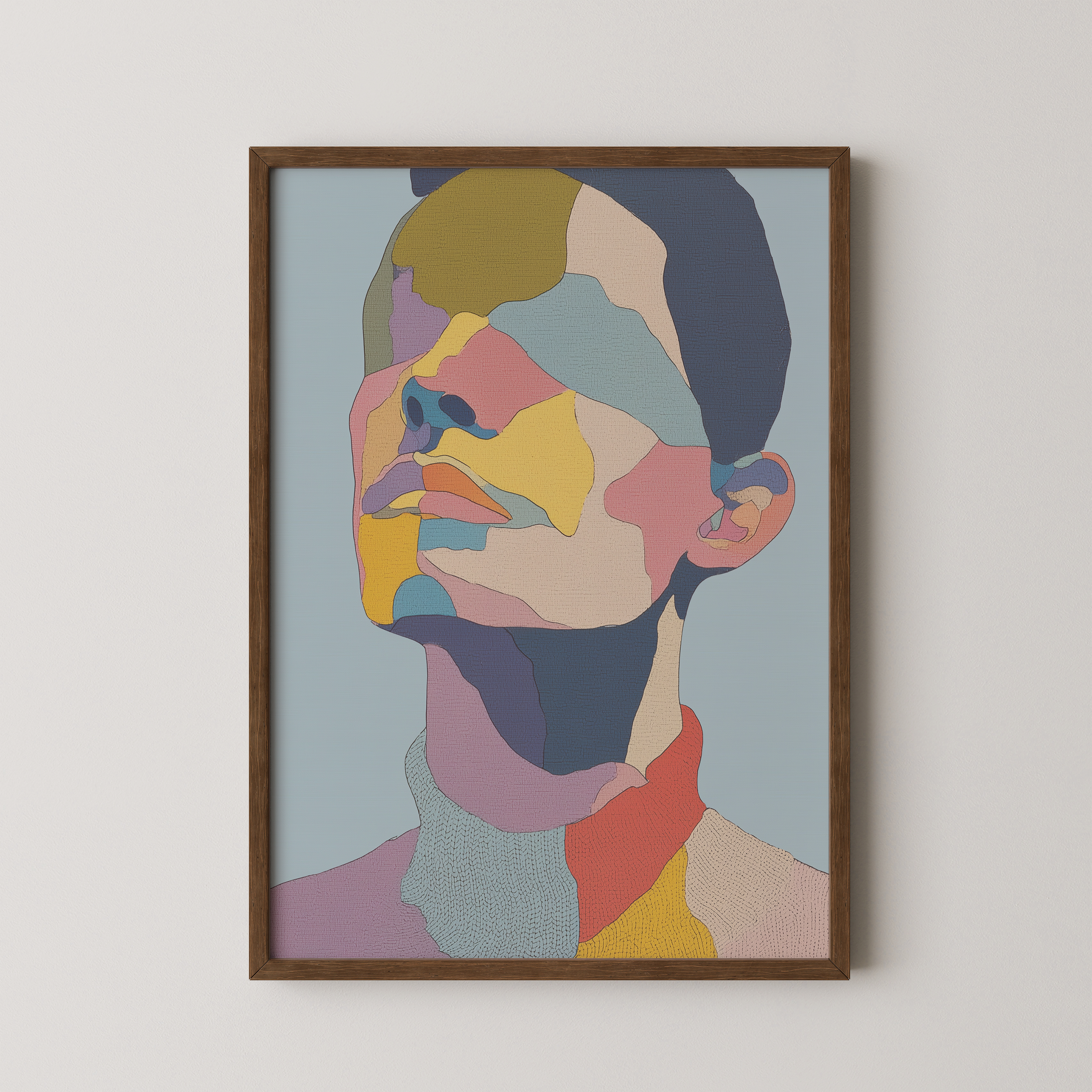 יצירה ממוסגרת Vérin בצבעים מופשטים על רקע תכלת – Trausi+Tosh