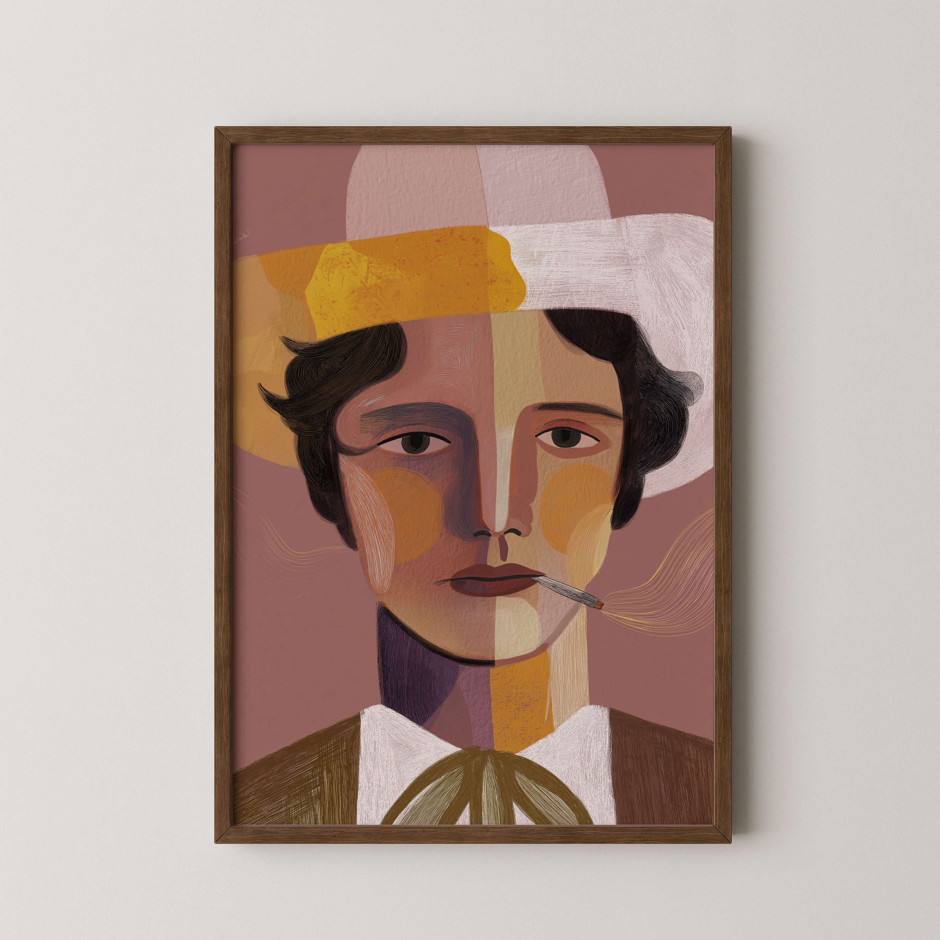 יצירה ממוסגרת של דמות גברית בשם Armand בסגנון אמנותי מודרני ובצבעים עמוקים