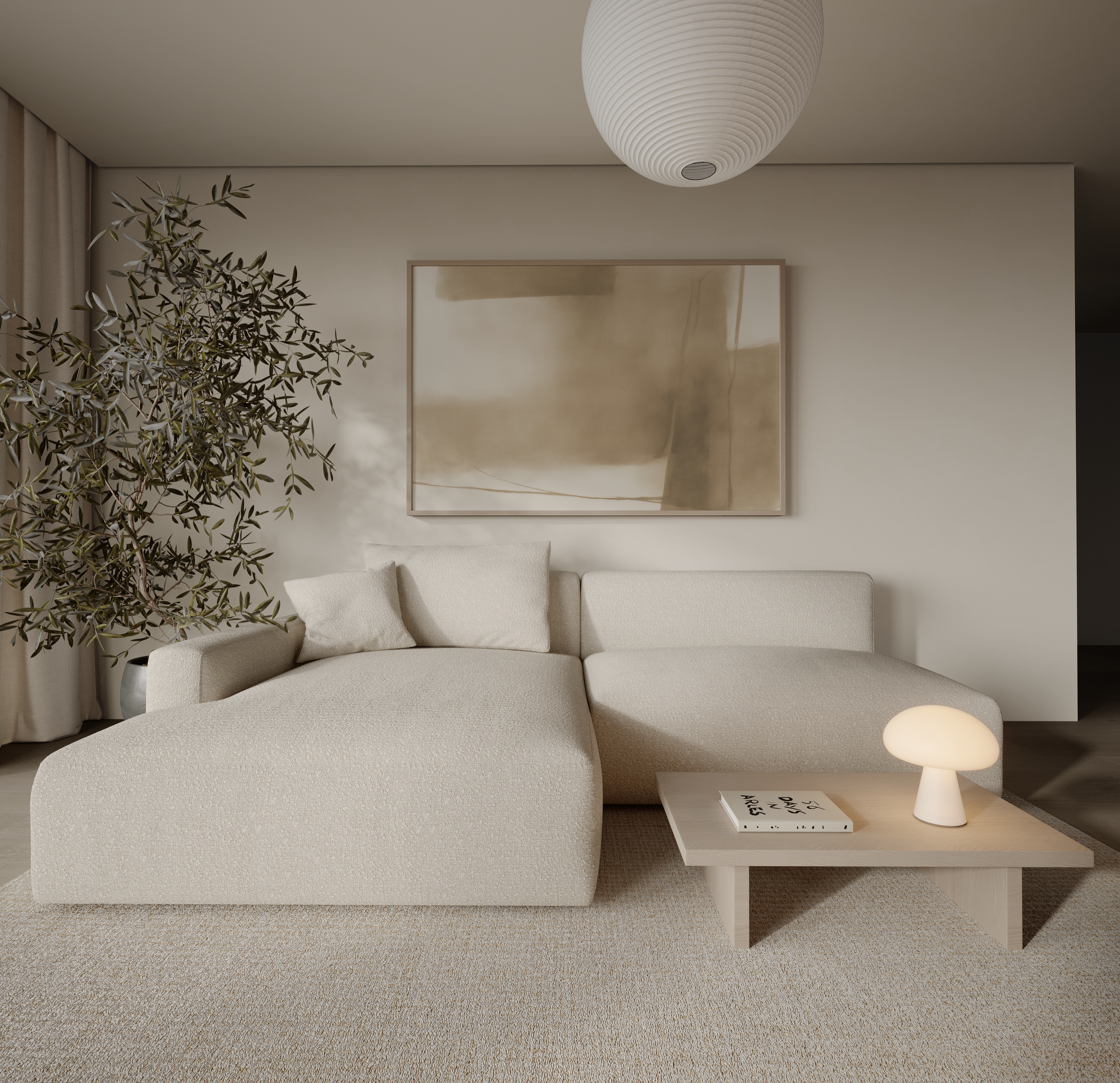 יצירת אמנות אבסטרקטית בגווני חול ובז’ עם משיכות צבע רכות ושקופות, בסגנון מינימליסטי.