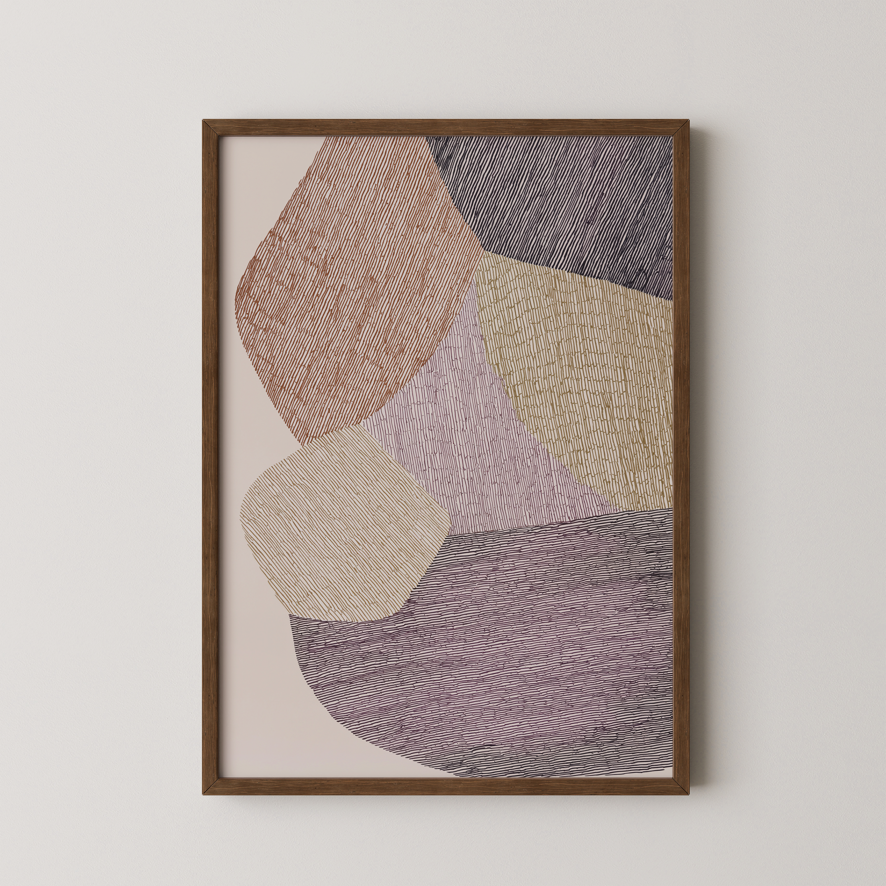 יצירת אמנות מופשטת Arden בגווני אדמה עם צורות אורגניות וטקסטורות קוויות במסגרת עץ טבעי