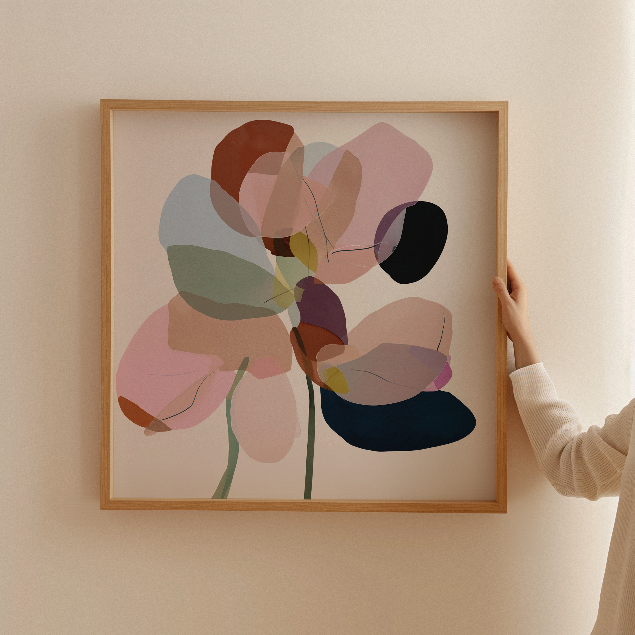 יצירה ממוסגרת Elins עם צורות אורגניות ושכבות צבע רכות בסגנון מודרני מינימליסטי