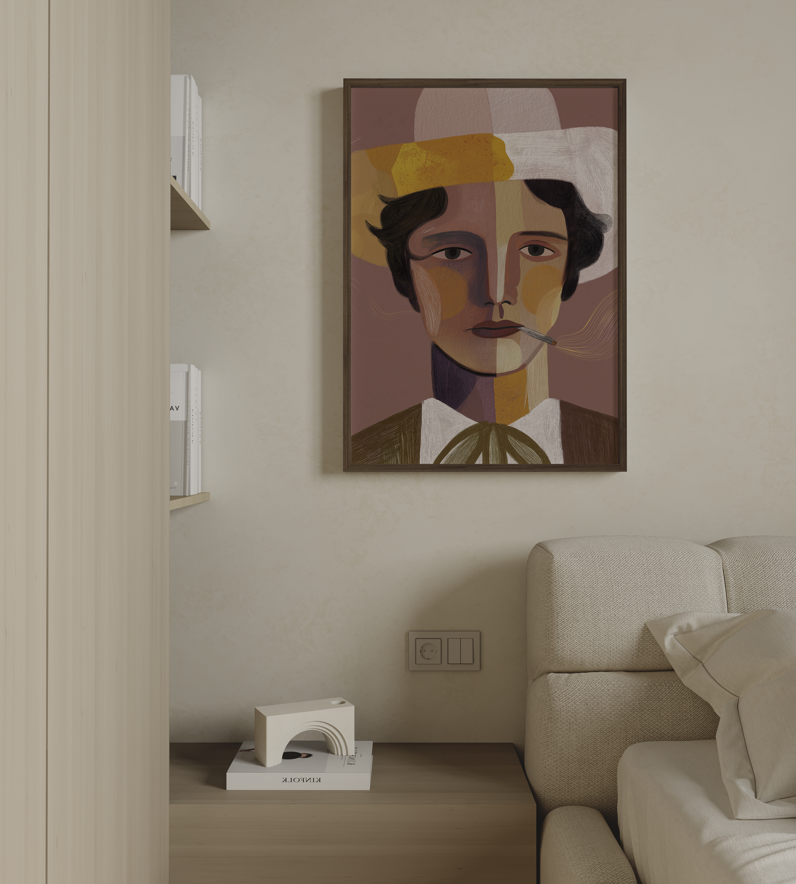 יצירה ממוסגרת של דמות גברית בשם Armand בסגנון אמנותי מודרני ובצבעים עמוקים