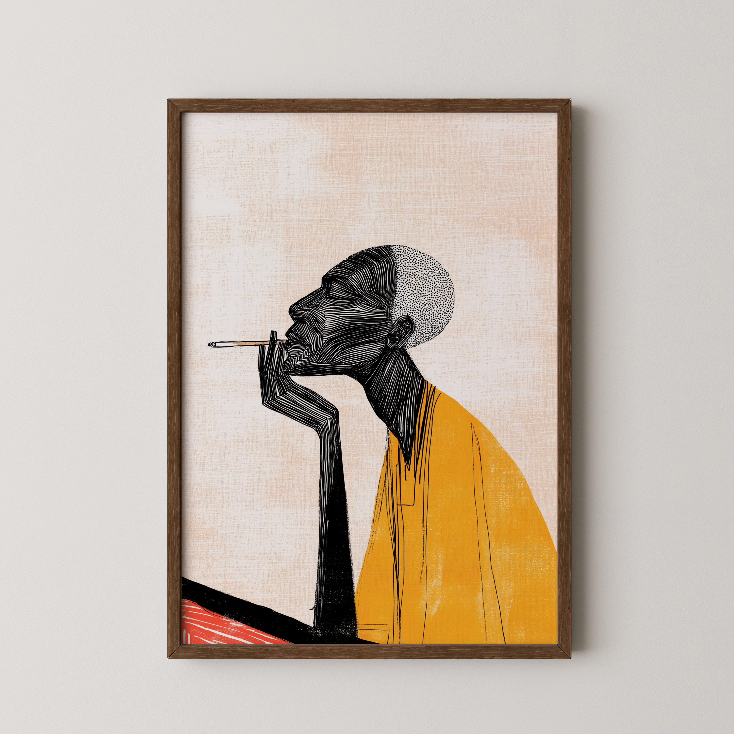 יצירה ממוסגרת עם דמות גברית מאוירת בקווים שחורים ושכבות צבע חמות, בסגנון מודרני מינימליסטי, מאת Trausi+Tosh