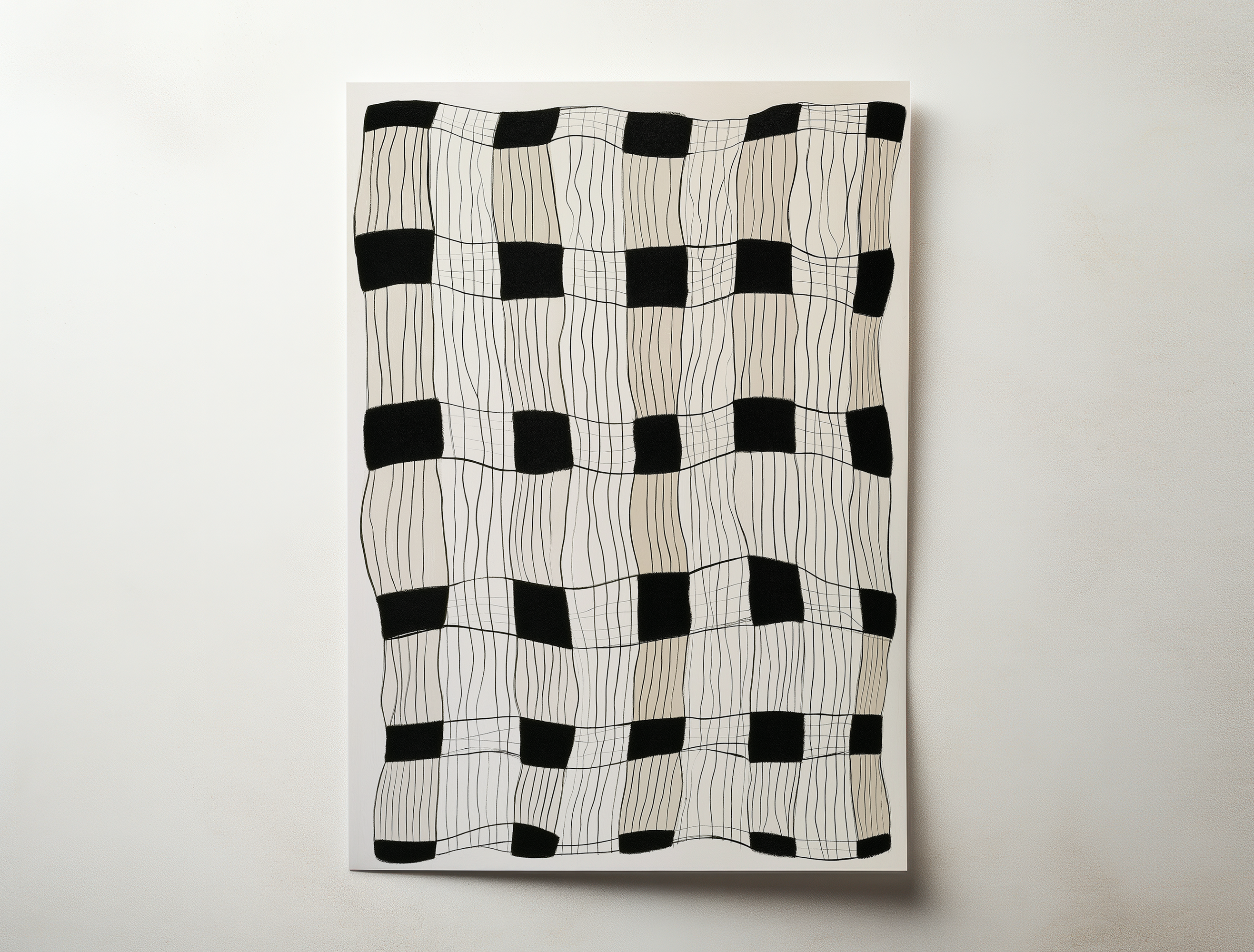 הדפס אמנות מופשט מינימליסטי בשחור לבן עם קווים גאומטריים ידניים – Tirra