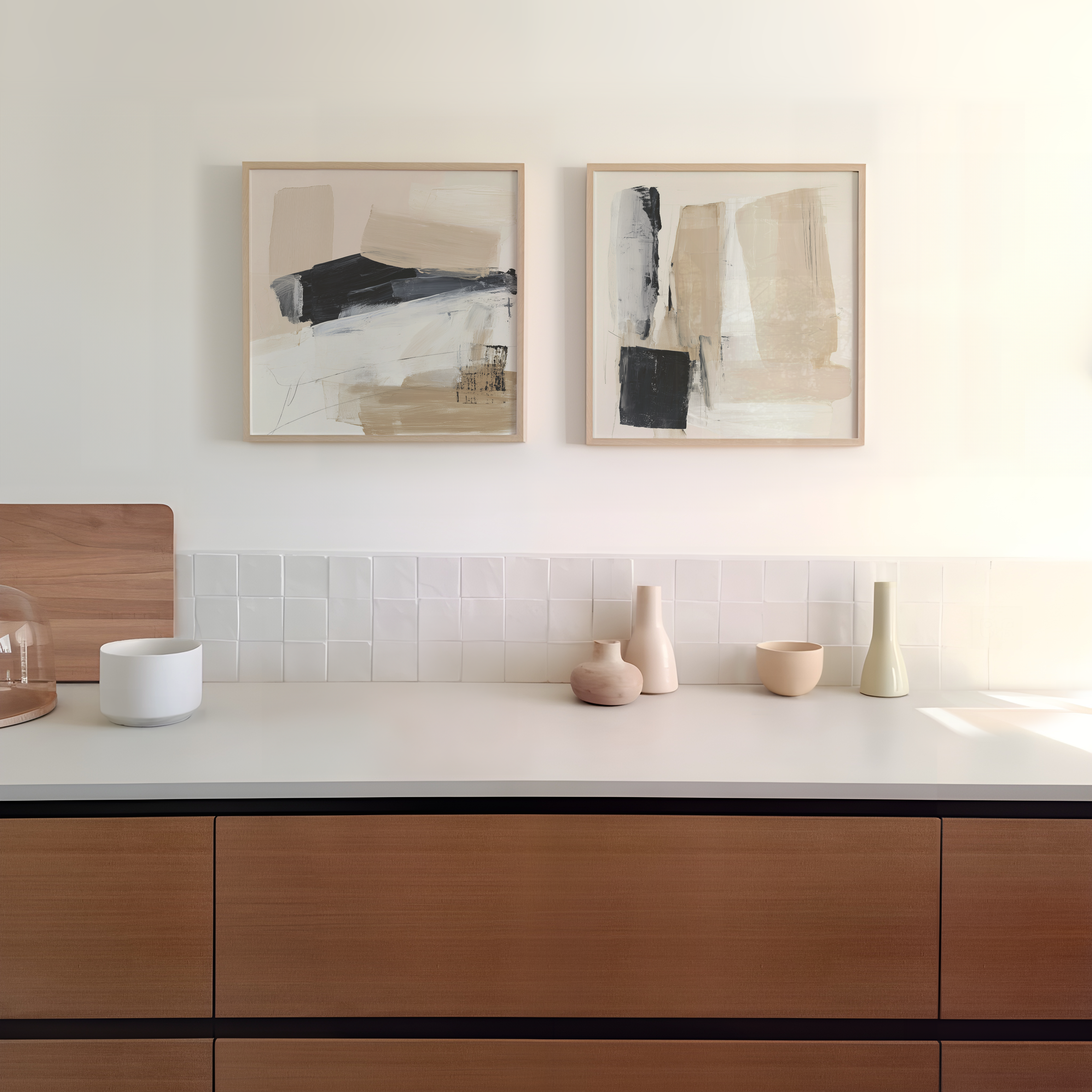 Varlene Left – יצירה מופשטת בגווני בז', שחור ולבן עם מרקמים גולמיים ומשיכות צבע רחבות בסגנון מינימליסטי