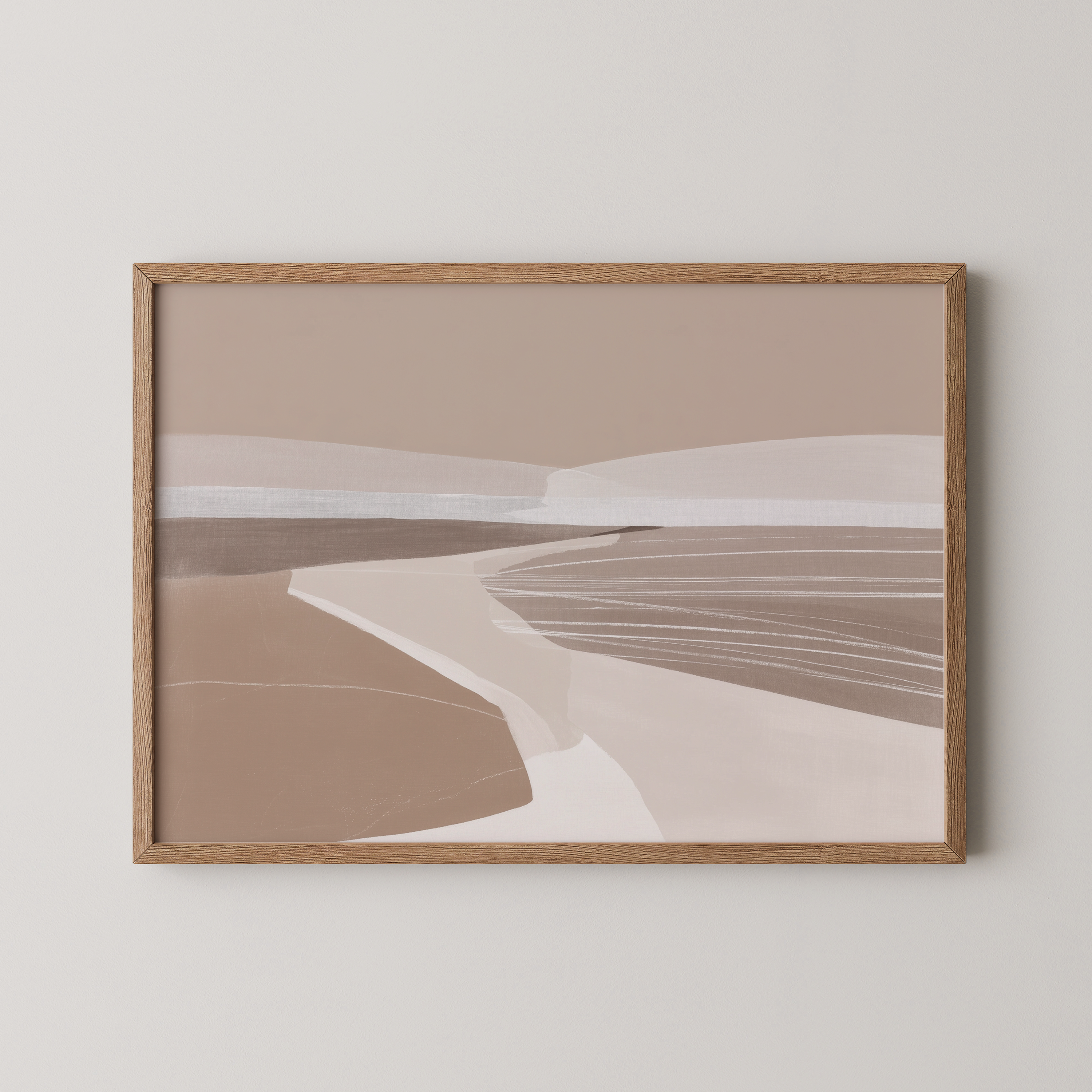 הדפס אמנותי מינימליסטי בגוונים טבעיים עם קווים רכים המדמים נוף פתוח – Calen מאת the left handed