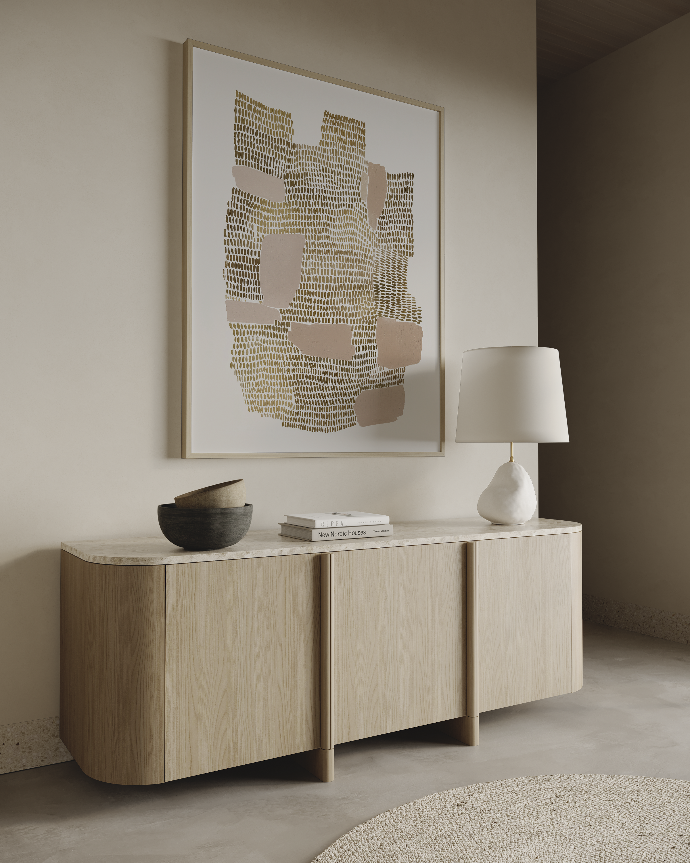 Eldra – יצירת אמנות מינימליסטית בגווני חול וזהב עם מקצב טקסטורלי אורגני במסגרת עץ טבעי