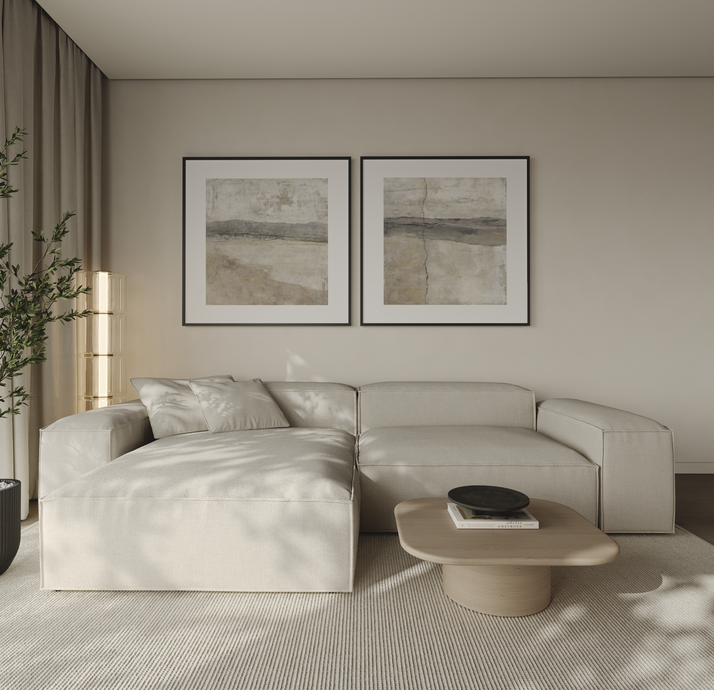 סט שתי יצירות אמנות ממוסגרות בגווני חול ואפור עם קומפוזיציה מינימליסטית וטקסטורות טבעיות