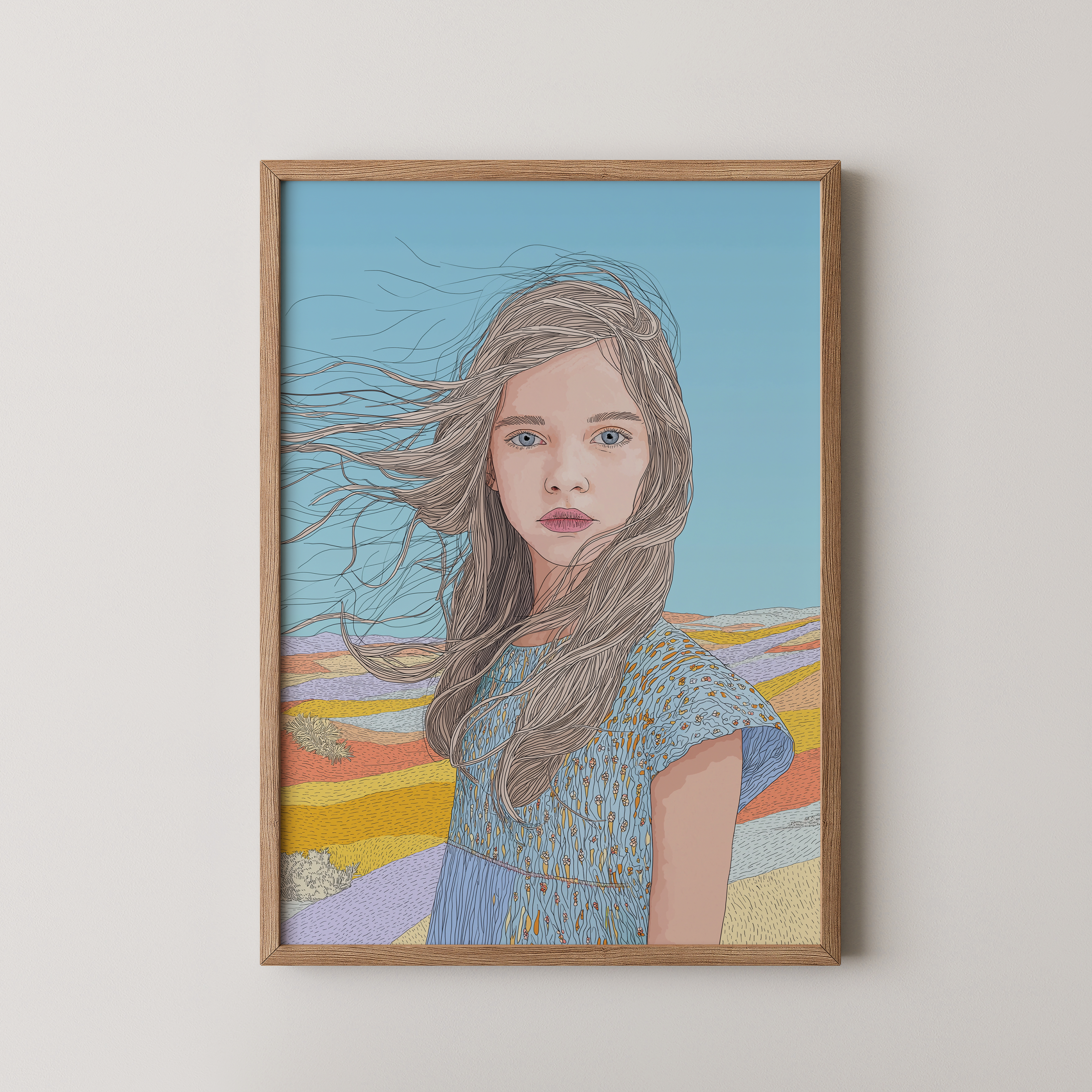 יצירת קיר Sel – דמות נשית ברוח פתוחה מול נוף טבעי בגוונים רכים, בסגנון מינימליסטי ואוורירי