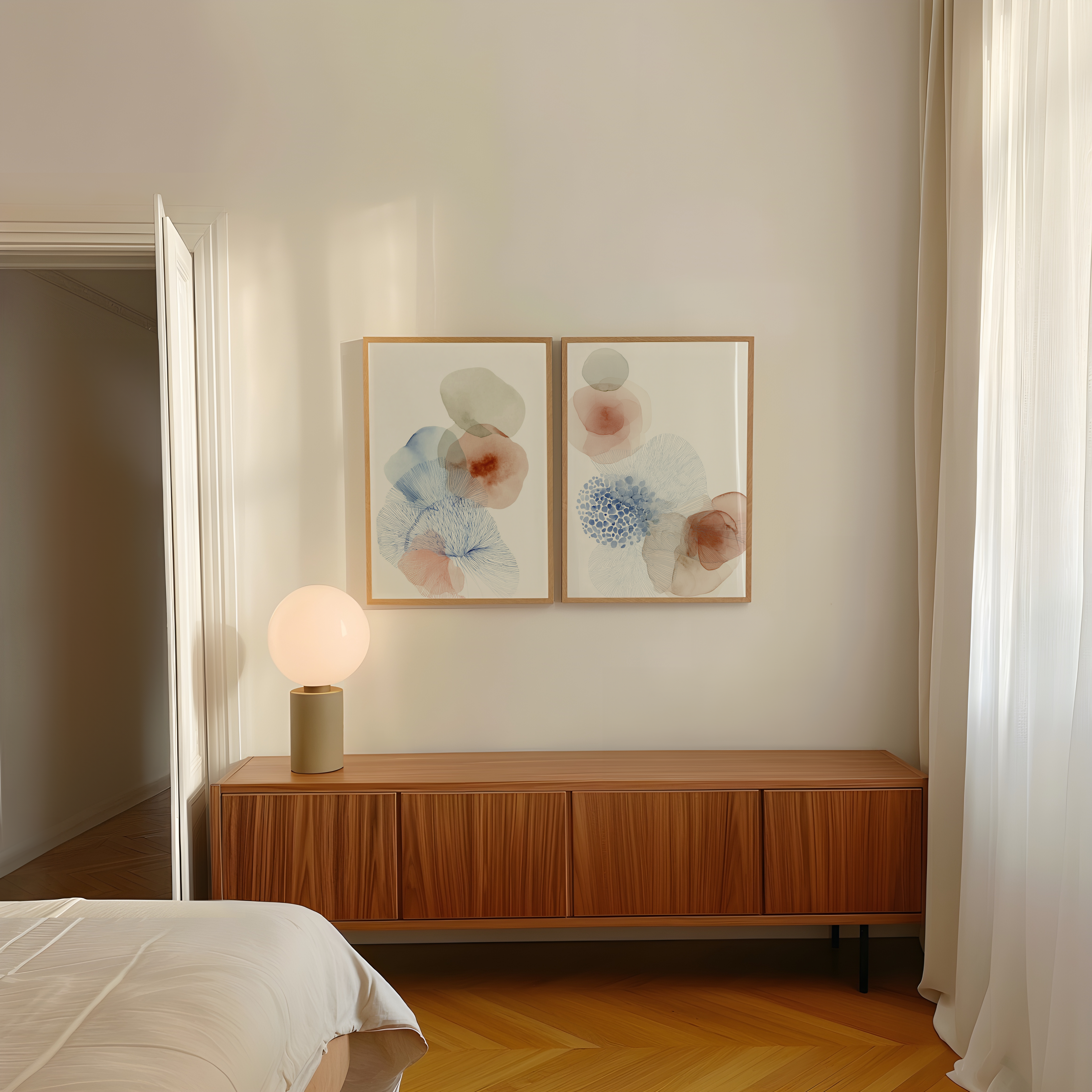 סט אמנות Evara – שתי יצירות מופשטות בגוונים טבעיים של כחול, ניוד וחמרה, עם קווים ידניים וצורות אורגניות, מוצגות במסגרת מינימליסטית על קיר בהיר.