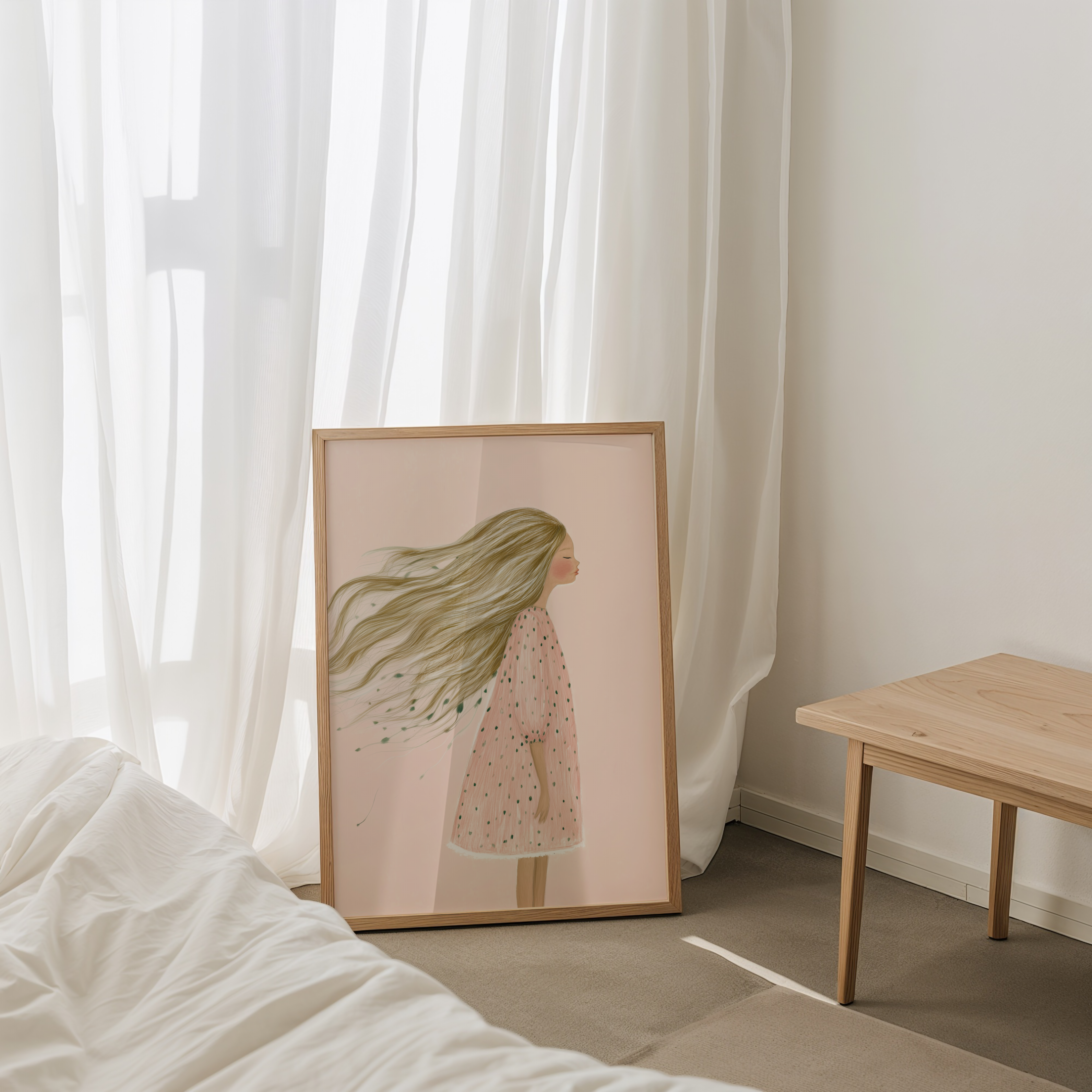 יצירת אמנות של ילדה עם שיער מתנופף ברוח על רקע פסטלי – Lunaria