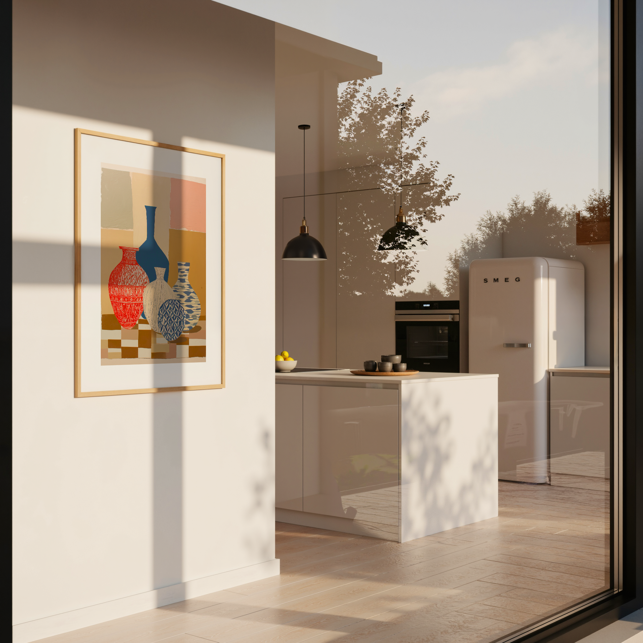 Isandra – יצירה מודרנית עם ארבעה כדים צבעוניים בדוגמות שונות על רקע פסטלי.
