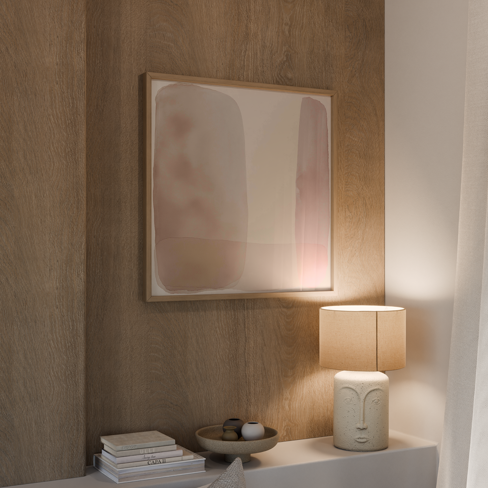 יצירת קיר מופשטת בגווני חול וטרקוטה עם שני משטחים אנכיים רחבים ושכבת צבע אופקית עדינה