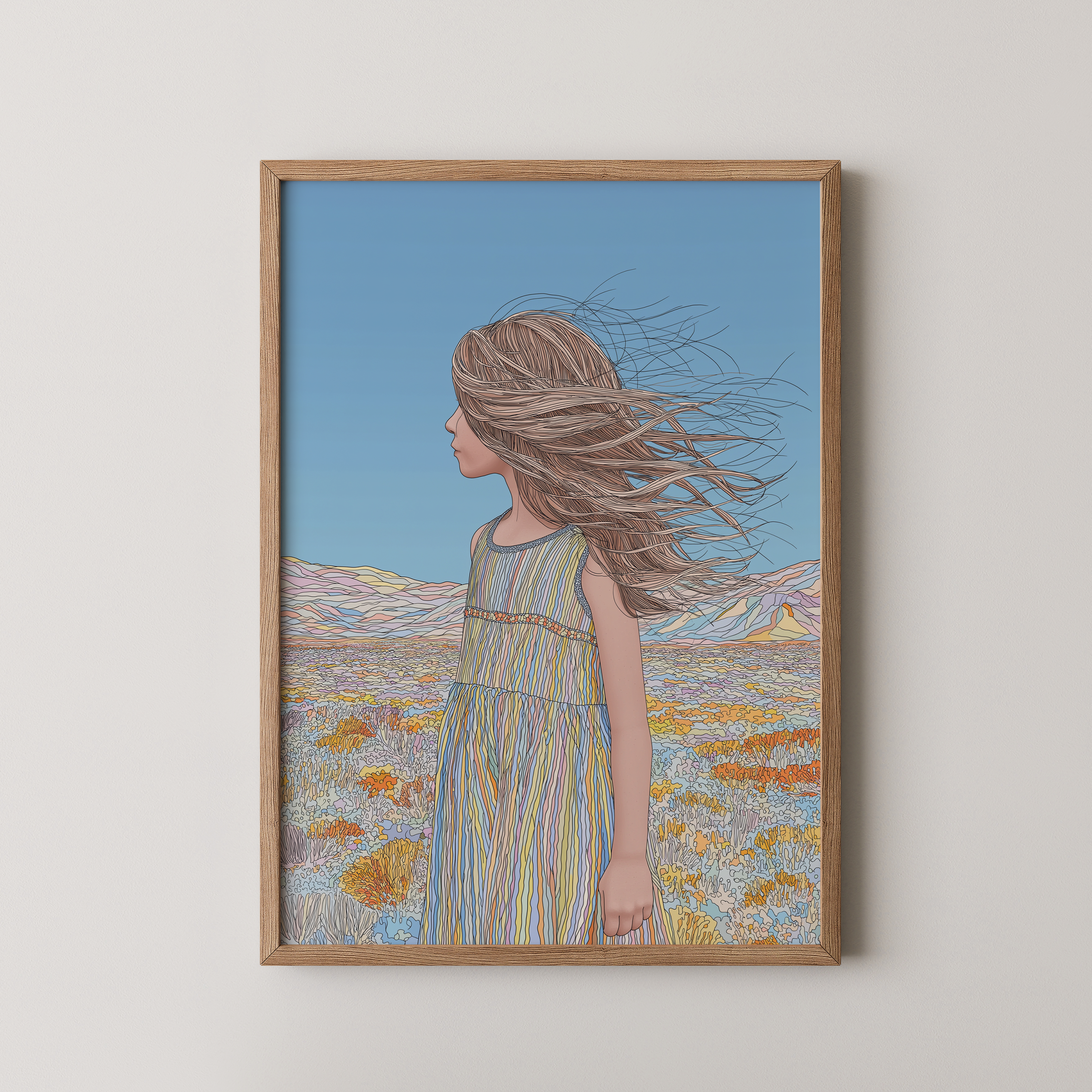 יצירת אמנות מודרנית של דמות נשית מול נוף פתוח בגווני כחול וחול, עם שיער מתעופף ברוח ואווירה רגועה