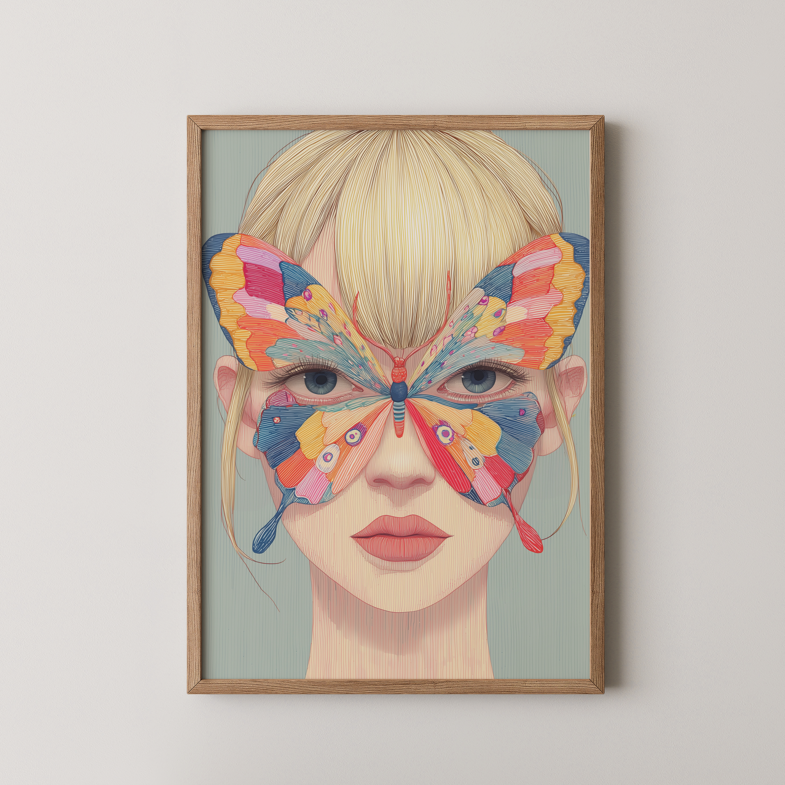 יצירת קיר Ravelle עם דמות נשית ופרפר צבעוני עשיר בפרטים בגוונים חיים